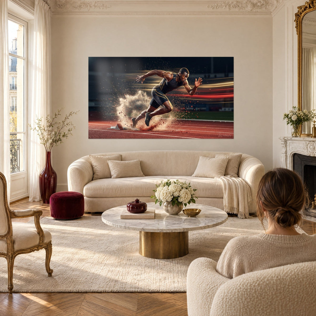 Tableau sprinter jaillissant du starting block dans un nuage de poussière beige et traînées rouges, au-dessus d'un canapé dans un salon lumineux