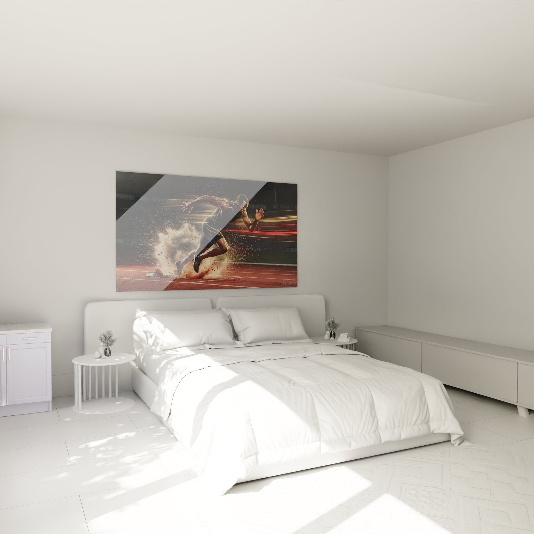 Décoration murale athlétisme - sprinter au départ dans chambre moderne avec éclairage ambiant