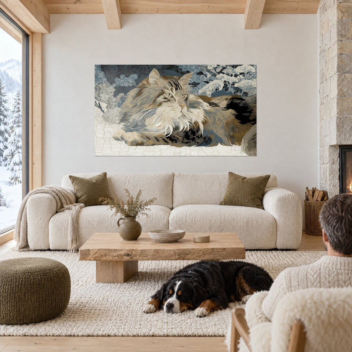 Gemälde Sibirische Katze mit cremefarbenem und braunem Fell, weißen Schnurrhaaren, graublauem Hintergrund, über einem Sofa in einem hellen Wohnzimmer