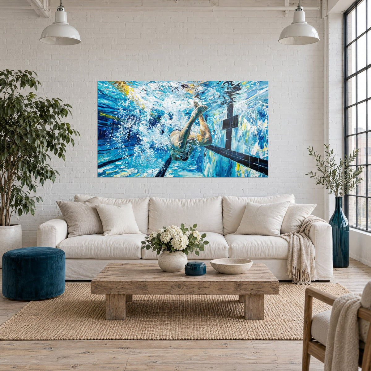 Tableau nageur sous l'eau, jambes tendues dans une gerbe de bulles turquoise et blanches, au-dessus d'un canapé dans un salon lumineux