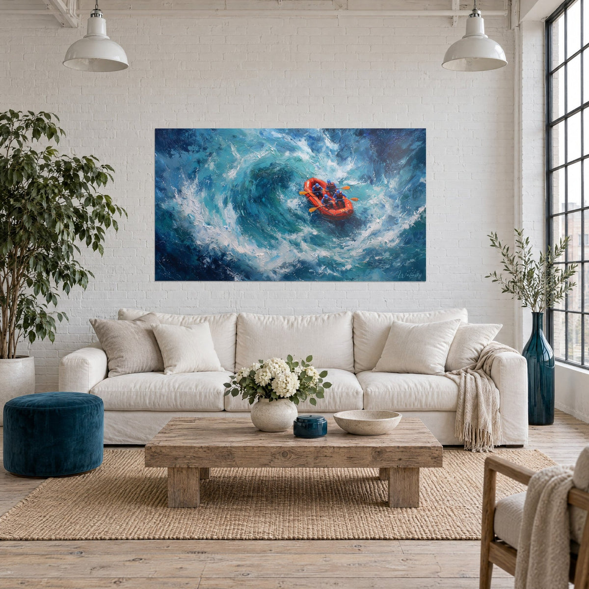 Wall art orange inflatable raft in a turquoise whirlpool and white foam, above a sofa in a bright living room