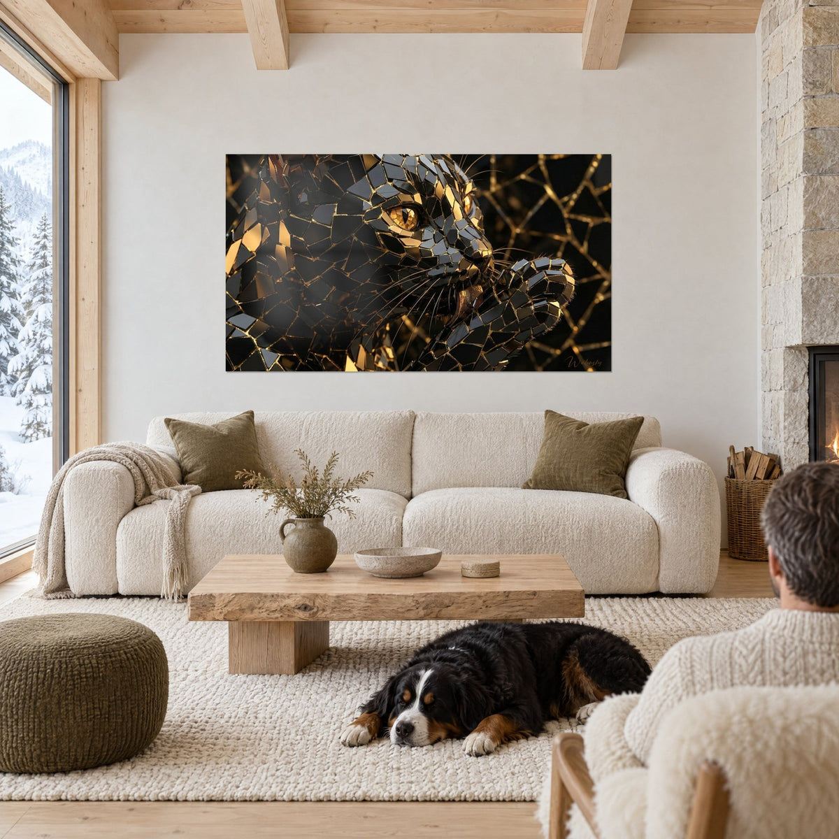 Wall art panther in black mirror shards with golden cracks, amber eye, above a sofa in a bright living room