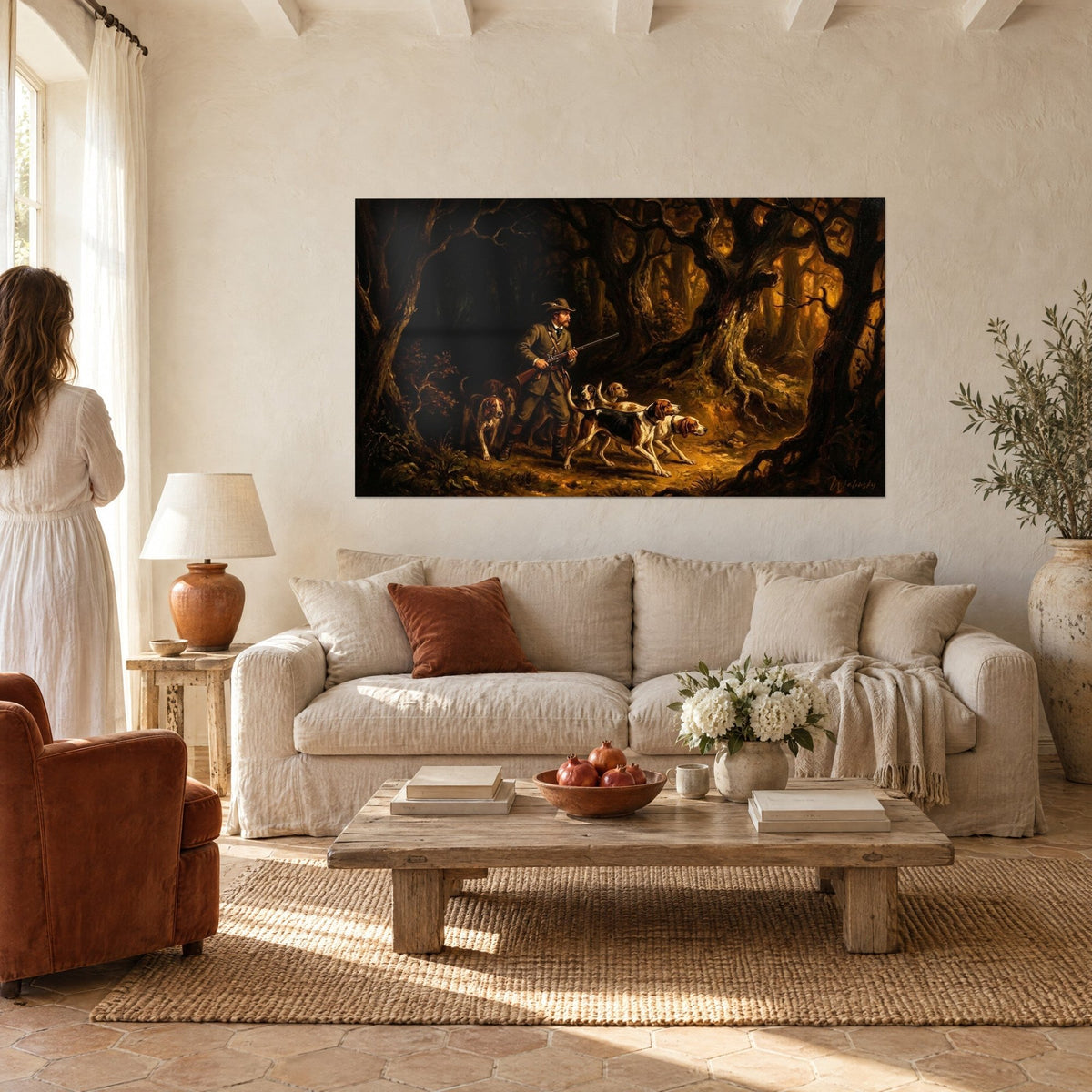 Wall art hunter with rifle surrounded by his pack of hounds, amber browns and deep greens, golden forest, above a sofa in a bright living room