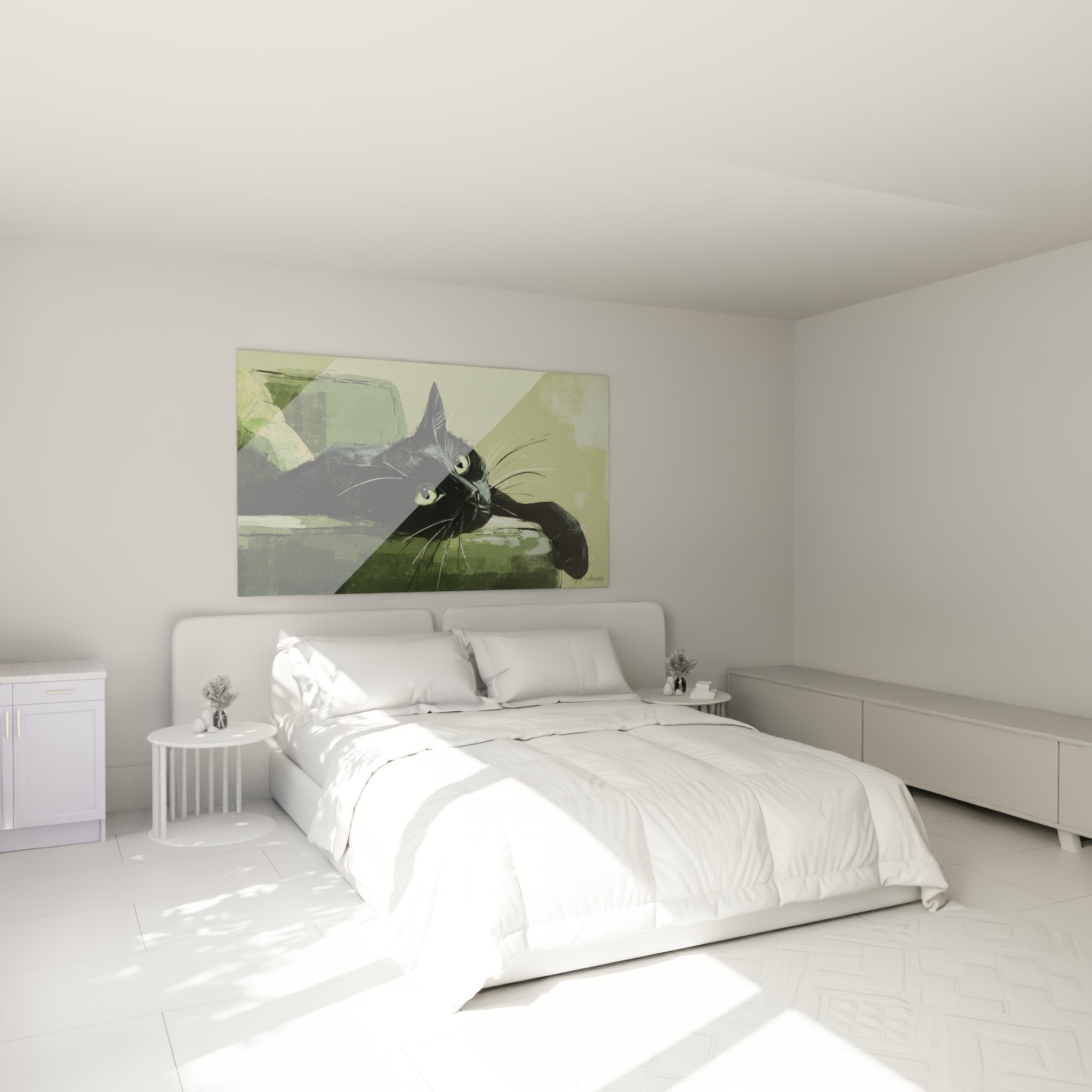 Decoration chambre tableau chat Bombay allonge tons verts ambiance zen art mural felin apaisant
