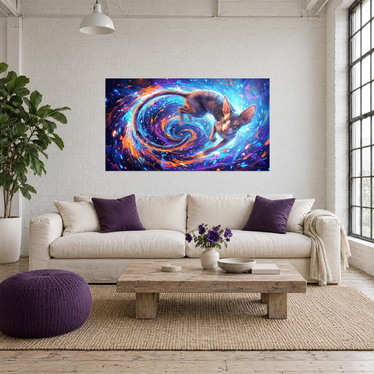 Quadro gatto Cornish Rex che balza in un vortice di blu elettrico e arancio, schizzi di colore, sopra un divano in un soggiorno luminoso