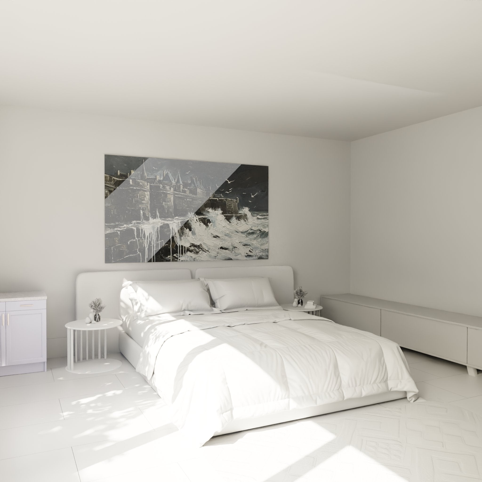 Décoration murale château tempête bretonne dans chambre moderne style maritime