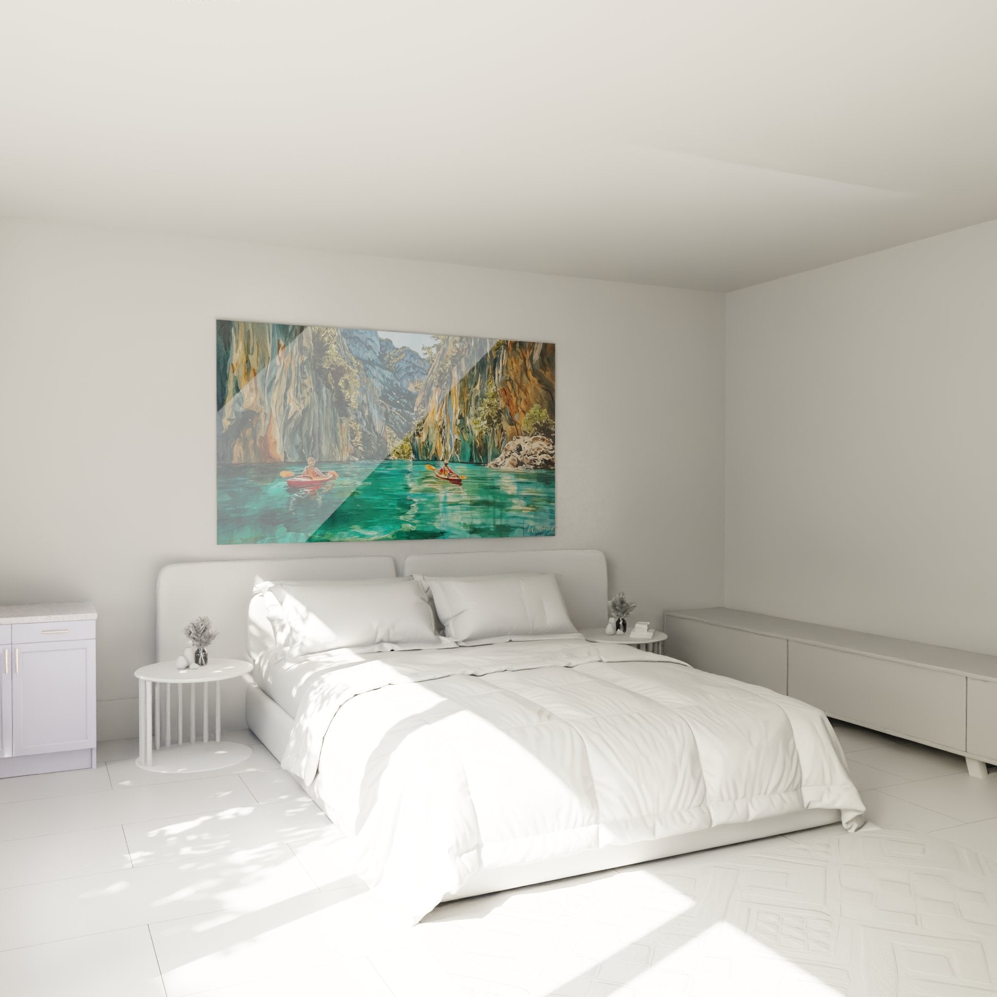 Tableau kayak Gorges du Verdon accroché dans chambre moderne avec eaux turquoise et falaises