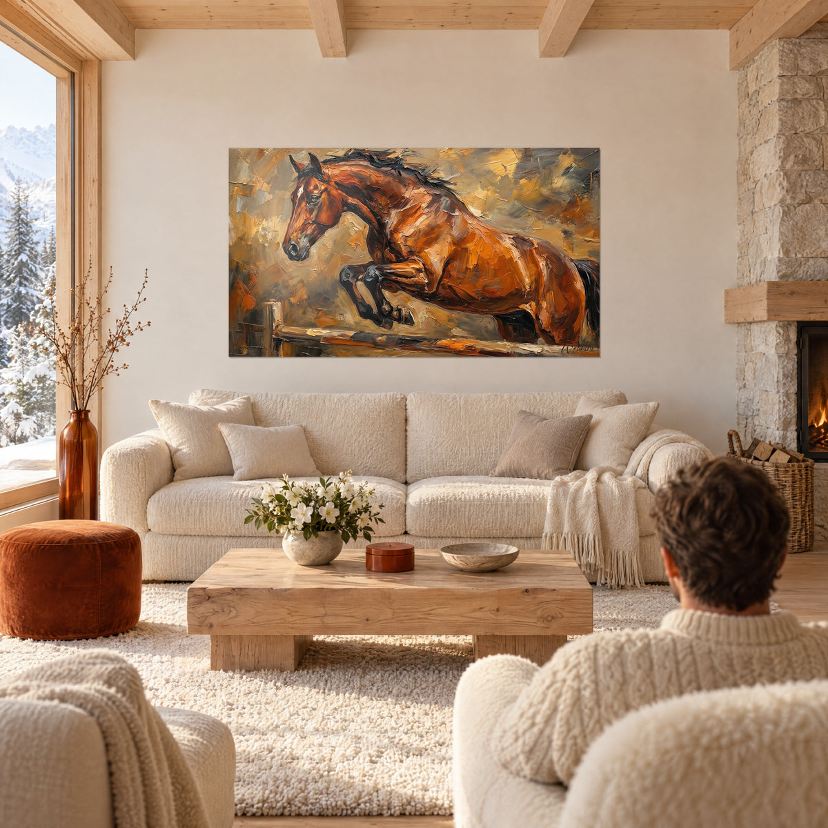 Cuadro Caballo alazán saltando una barra de madera, crin negra, fondo ocre y dorado, encima de un sofá en un salón luminoso