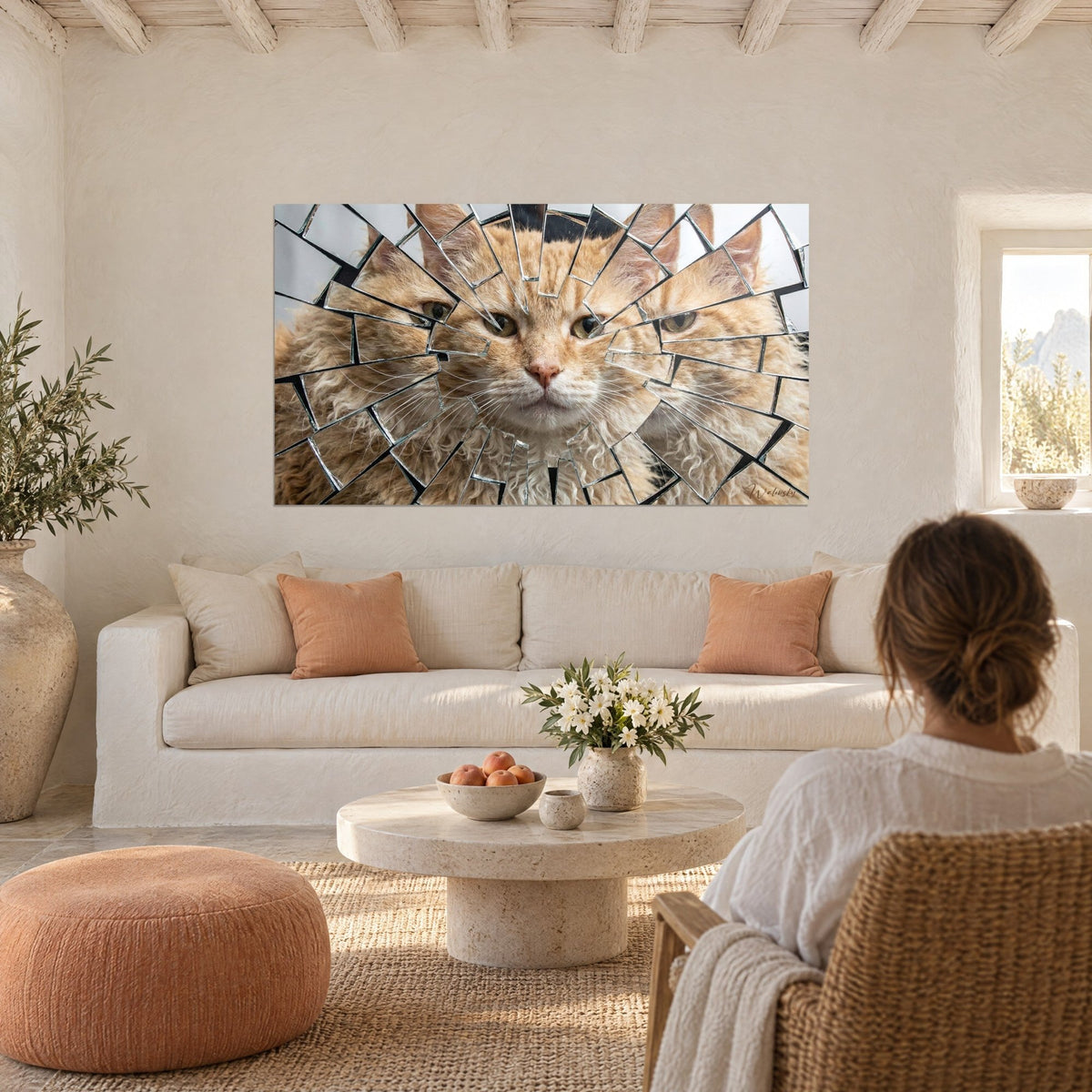 Quadro gatto Laperm rosso con occhi verdi dietro uno specchio infranto, pelo riccio, sopra un divano in un soggiorno luminoso