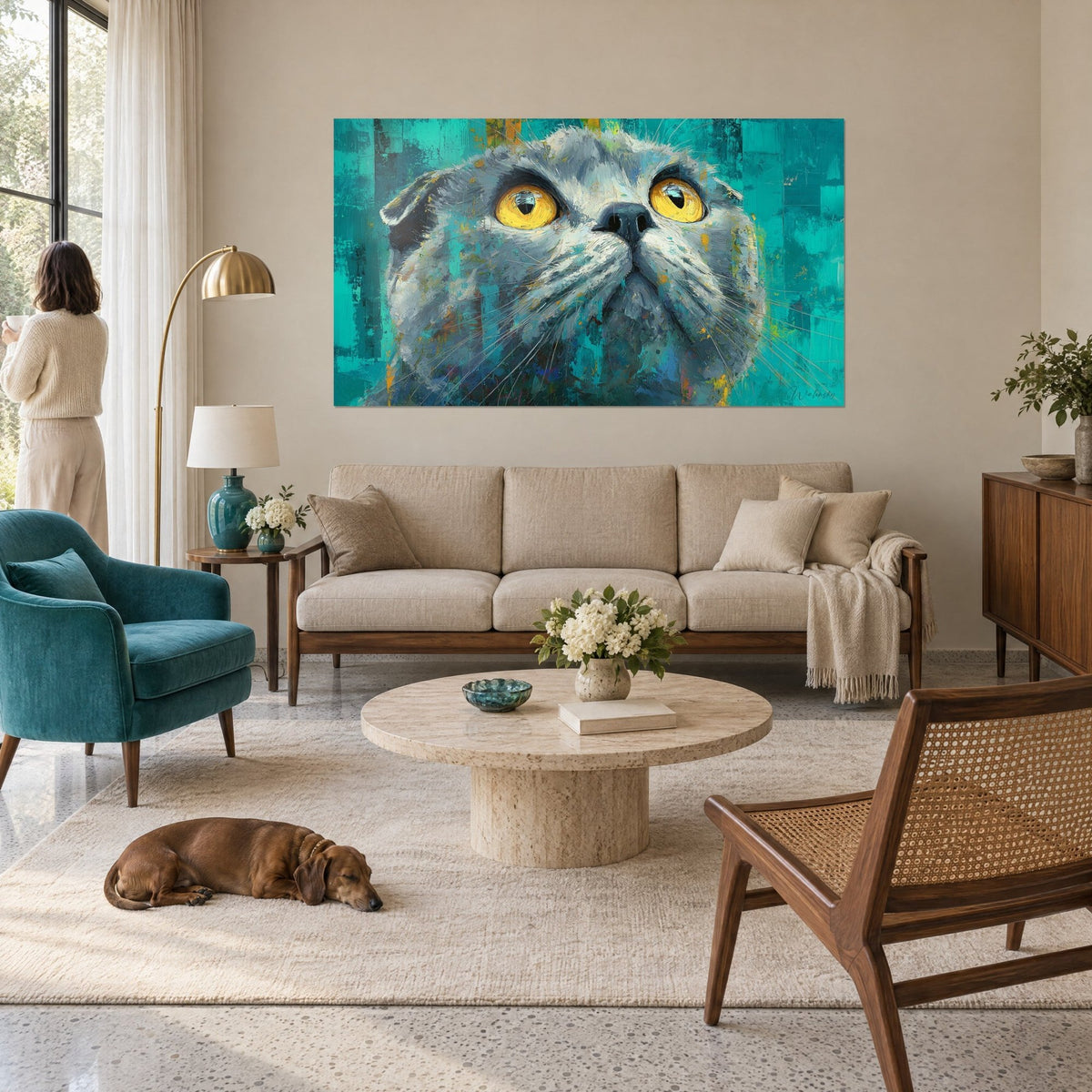 Tableau chat à oreilles pliées levant ses yeux jaune d'or sur un fond turquoise, au-dessus d'un canapé dans un salon lumineux