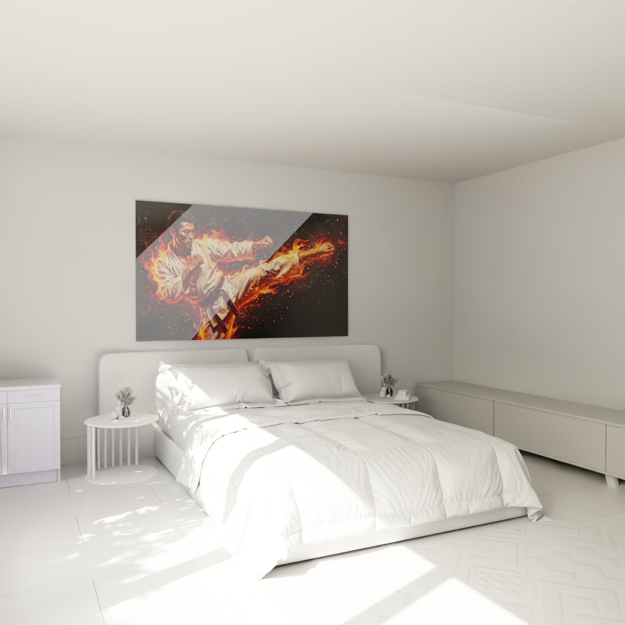 Décoration murale karaté dans chambre moderne avec tableau flammes arts martiaux au-dessus du lit