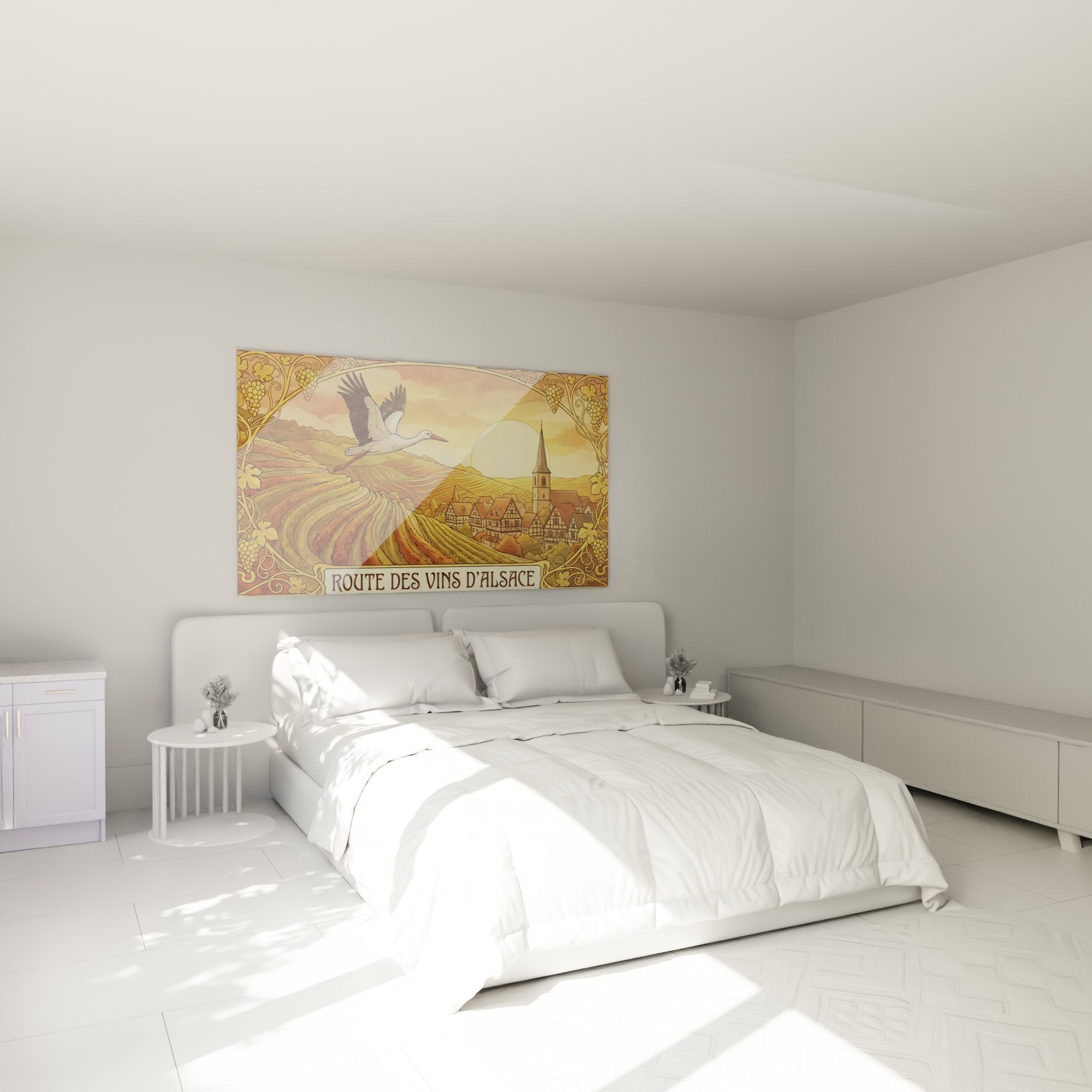 Tableau cigogne Alsace Route des Vins accroché dans chambre, decoration murale authentique alsacienne