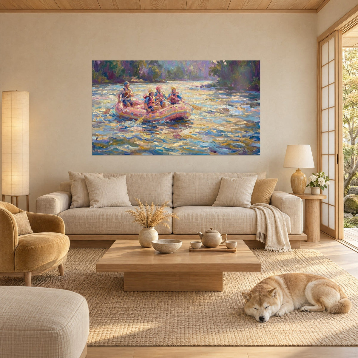 Wall art pink and yellow raft tumbling through blue and gold rapids, helmeted paddlers, a Shiba lying down, above a sofa in a bright living room