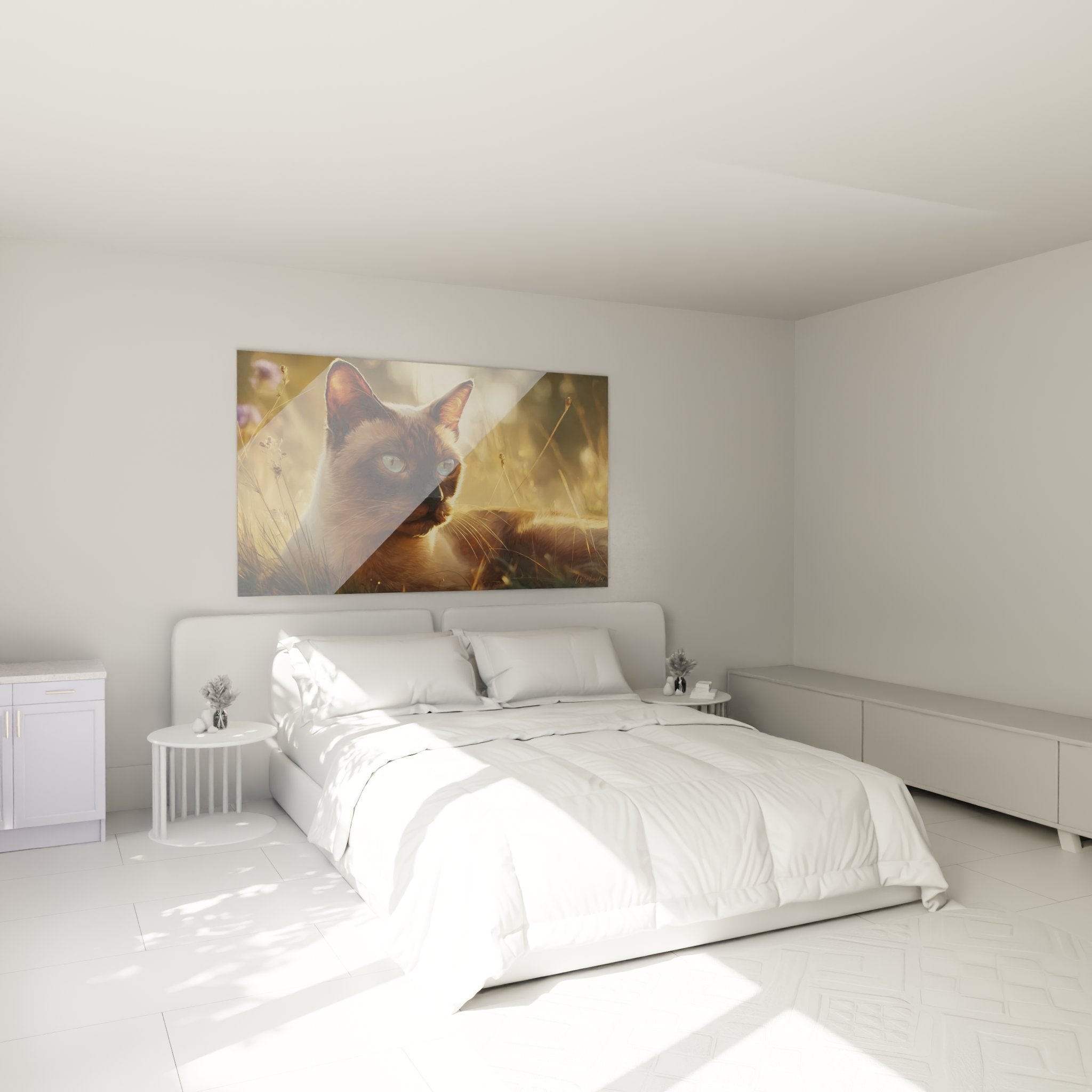 Tableau chat Burmese yeux bleus installe dans chambre moderne decoration murale art felin ambiance chaleureuse