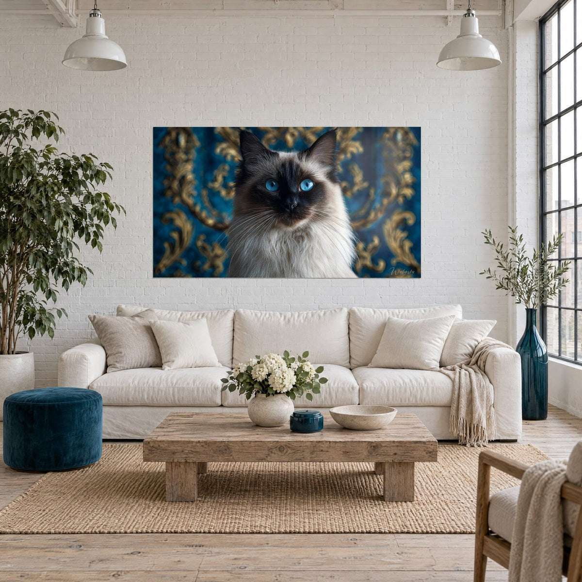 Tableau chat balinais aux yeux bleus, masque brun, poitrail crème sur velours bleu et arabesques dorées, au-dessus d'un canapé dans un salon lumineux