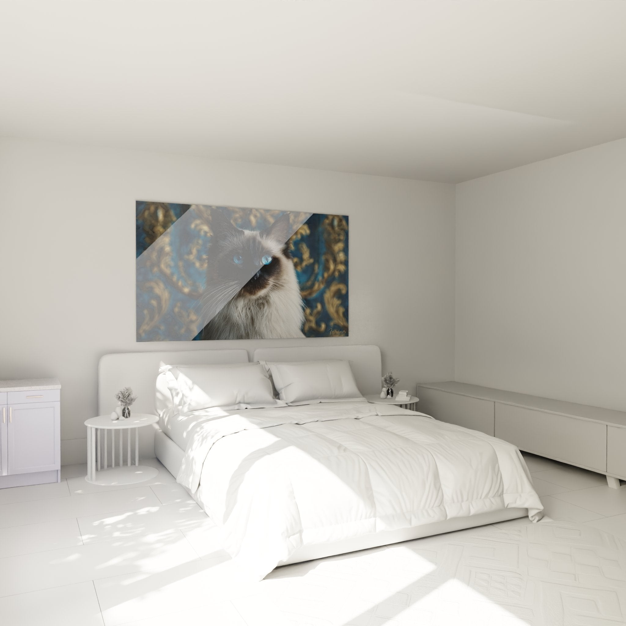 Tableau chat Balinais décorant chambre moderne - art mural félin yeux bleus ambiance cosy