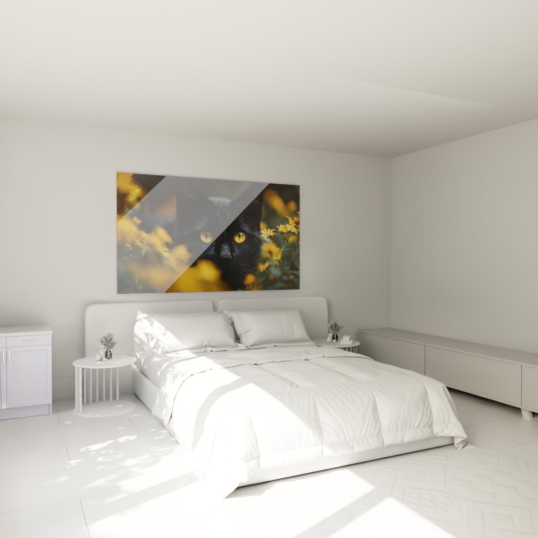 Décoration murale chat Bombay fleurs jaunes dans une chambre moderne et élégante