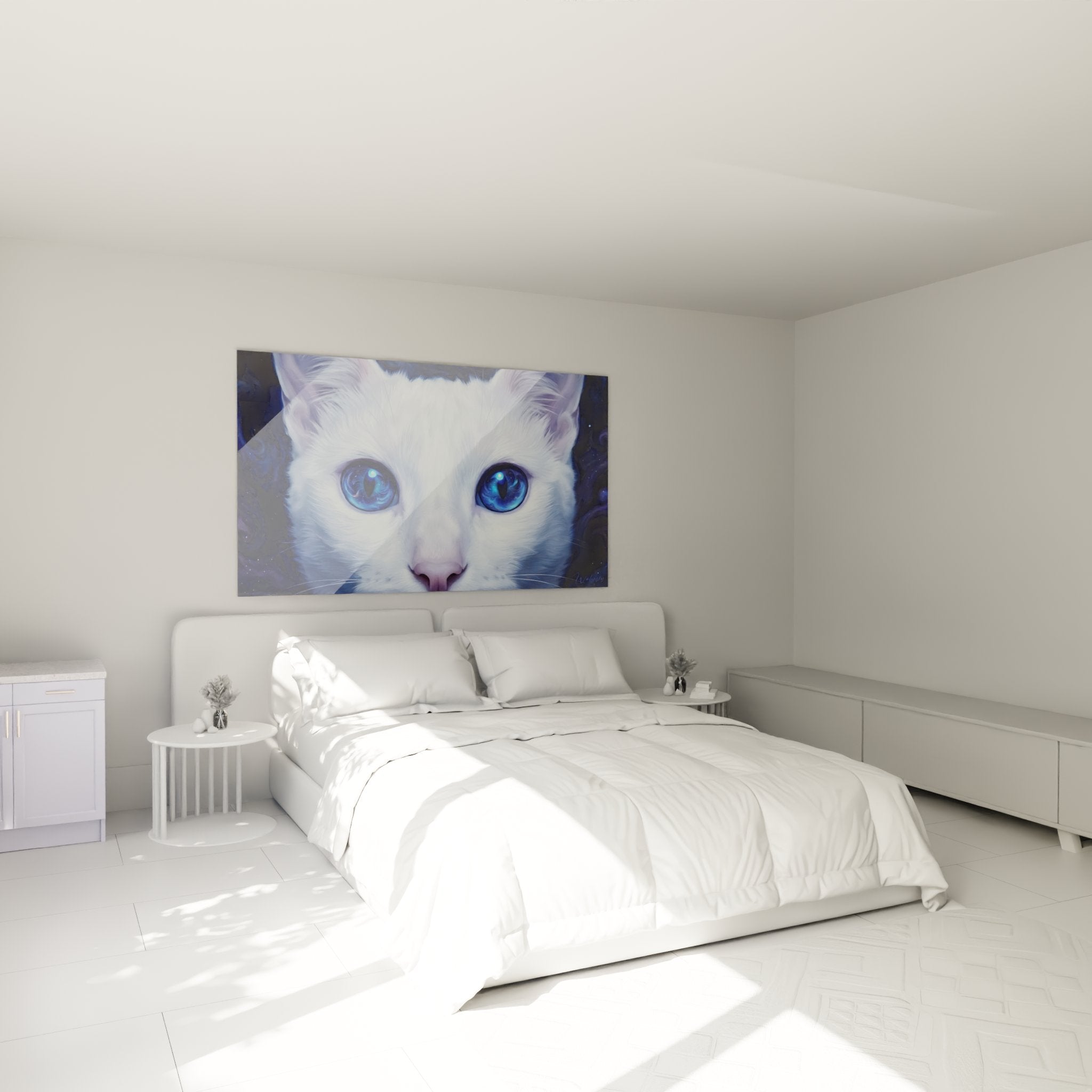 Decoration murale chat Khao Manee yeux bleus dans chambre moderne style contemporain