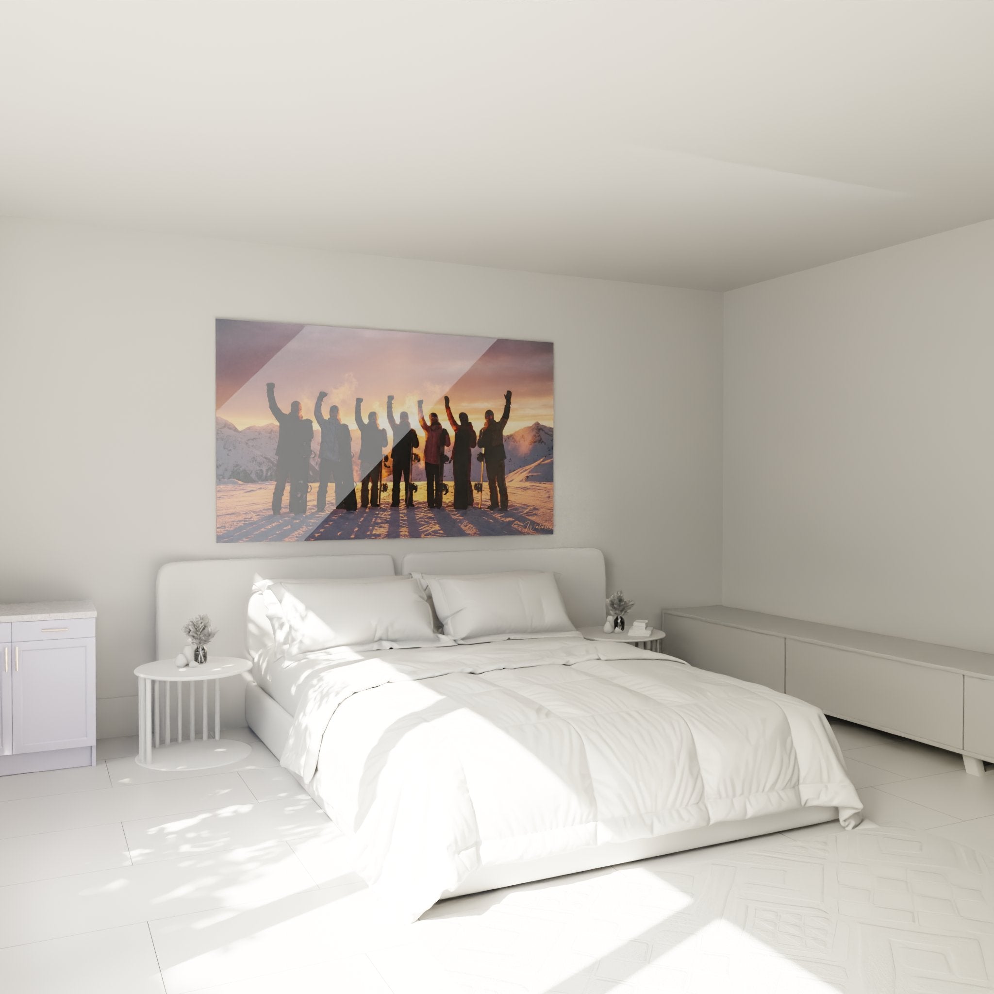 Decoration murale snowboard groupe montagne coucher soleil ambiance chambre cocooning