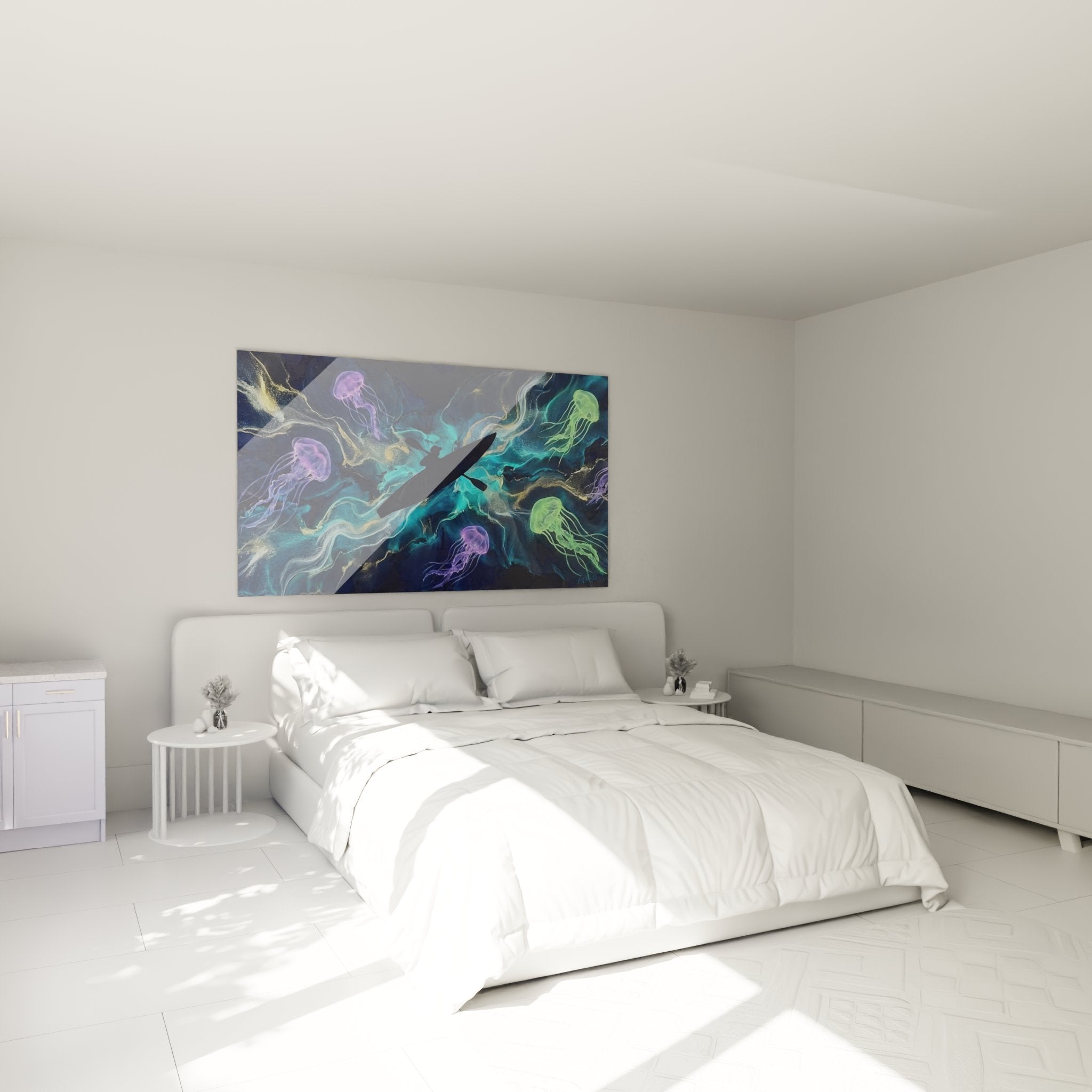 Decoration murale ocean kayak avec meduses dans une chambre moderne aux tons bleus apaisants