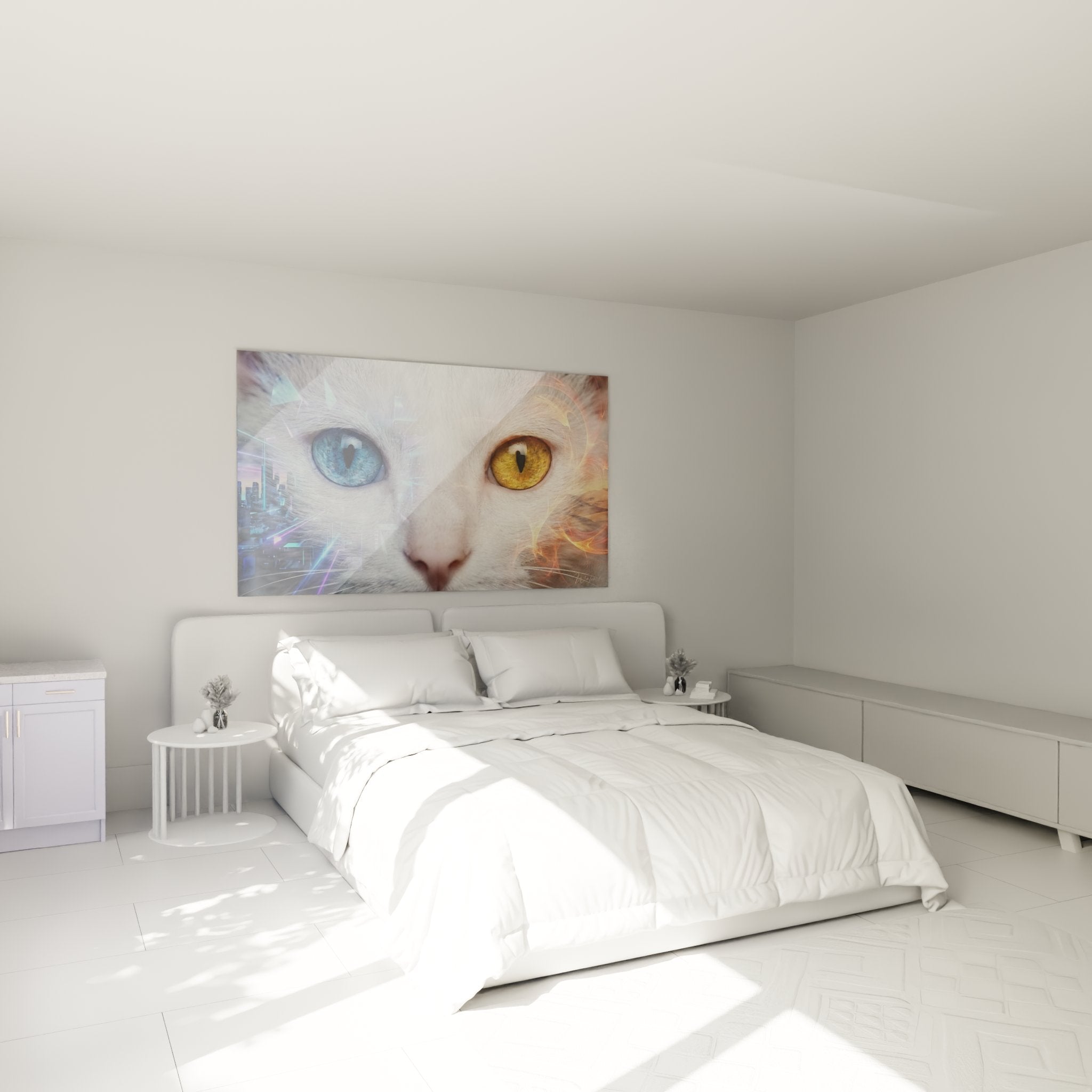 Decoration chambre avec tableau chat Khao Manee futuriste aux yeux vairons sur mur moderne