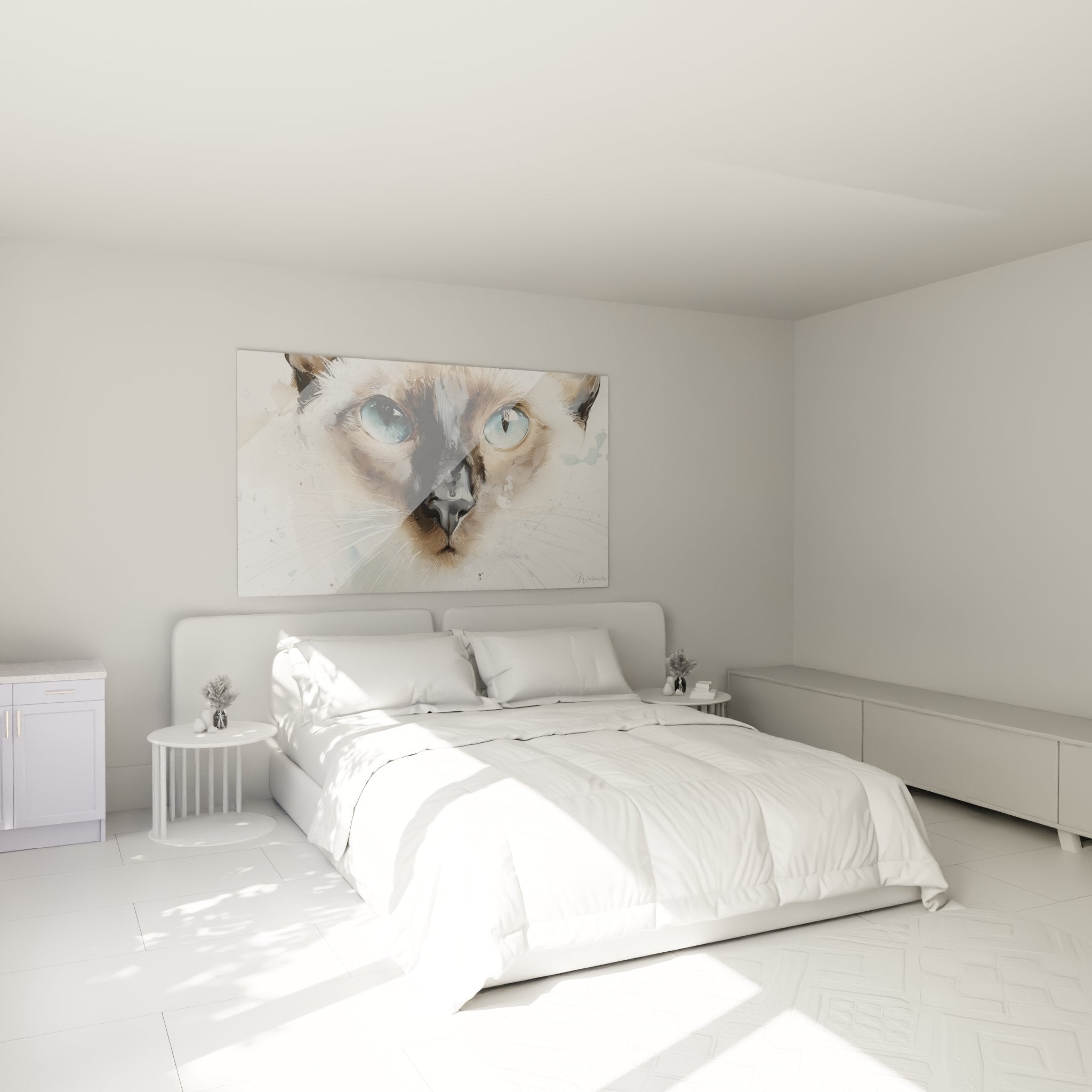 Decorazione camera da letto con quadro gatto Tonkinese occhi blu, atmosfera moderna e rilassante su parete bianca