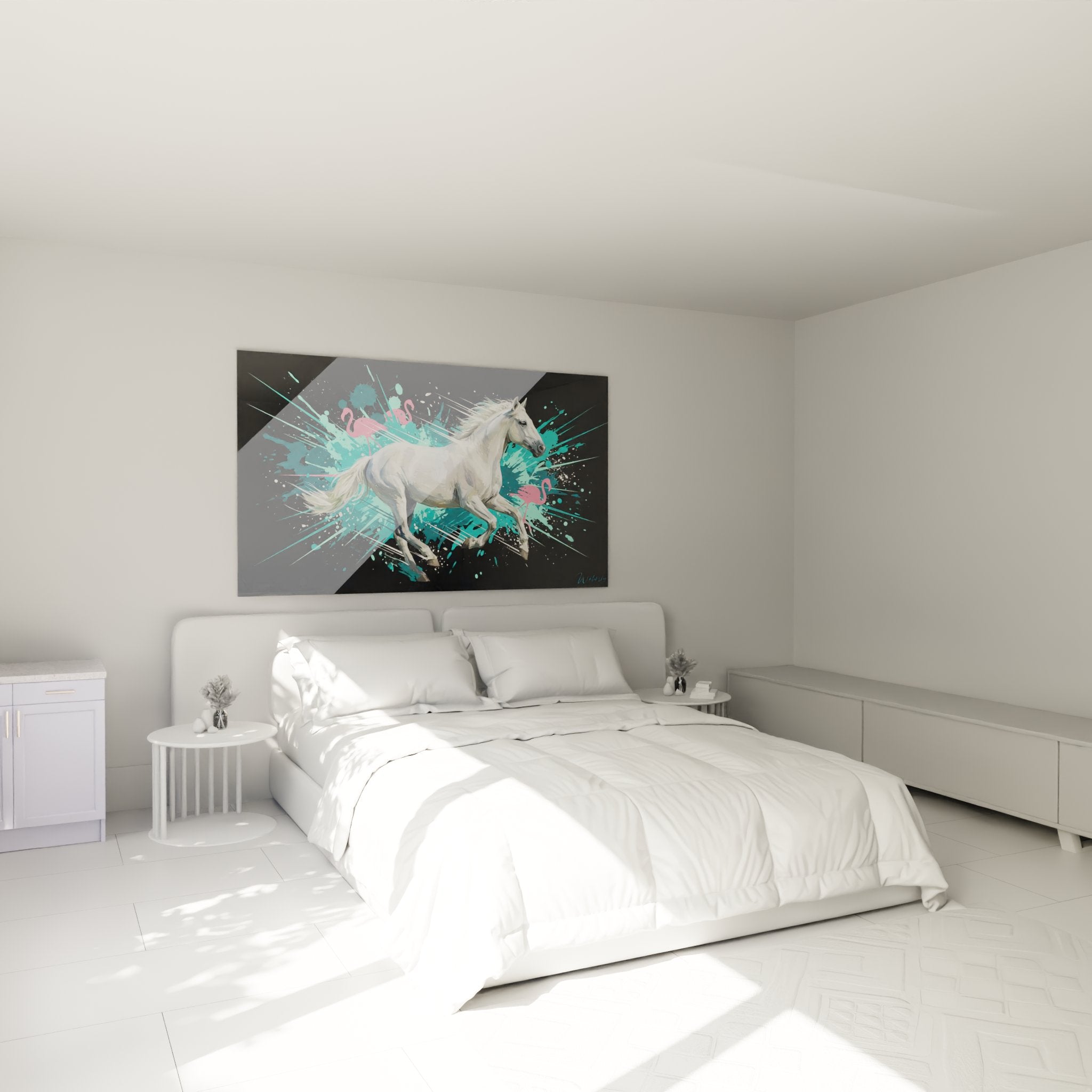 Decoration murale cheval blanc moderne dans chambre contemporaine ambiance elegante