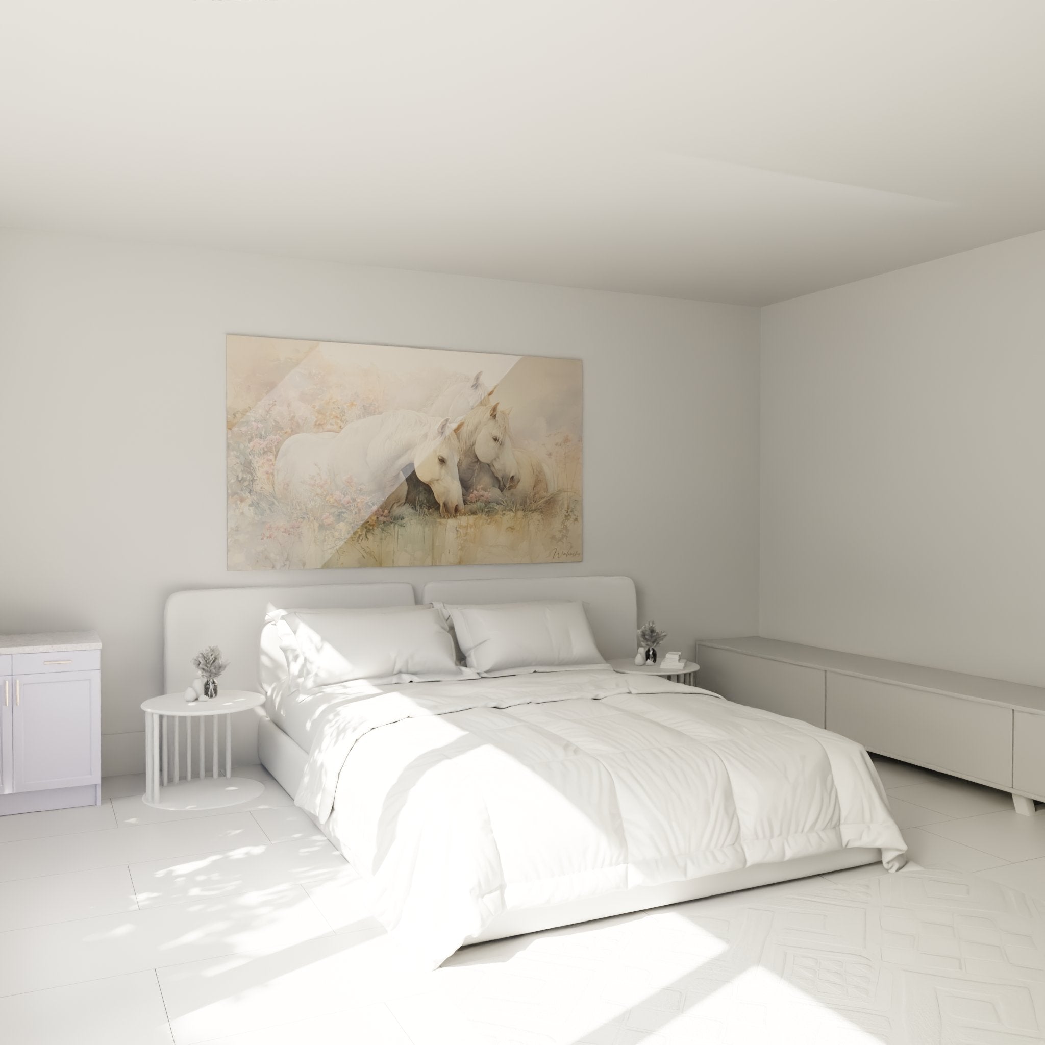 Chambre decoration tableau chevaux blancs Camargue ambiance sereine tons neutres art mural