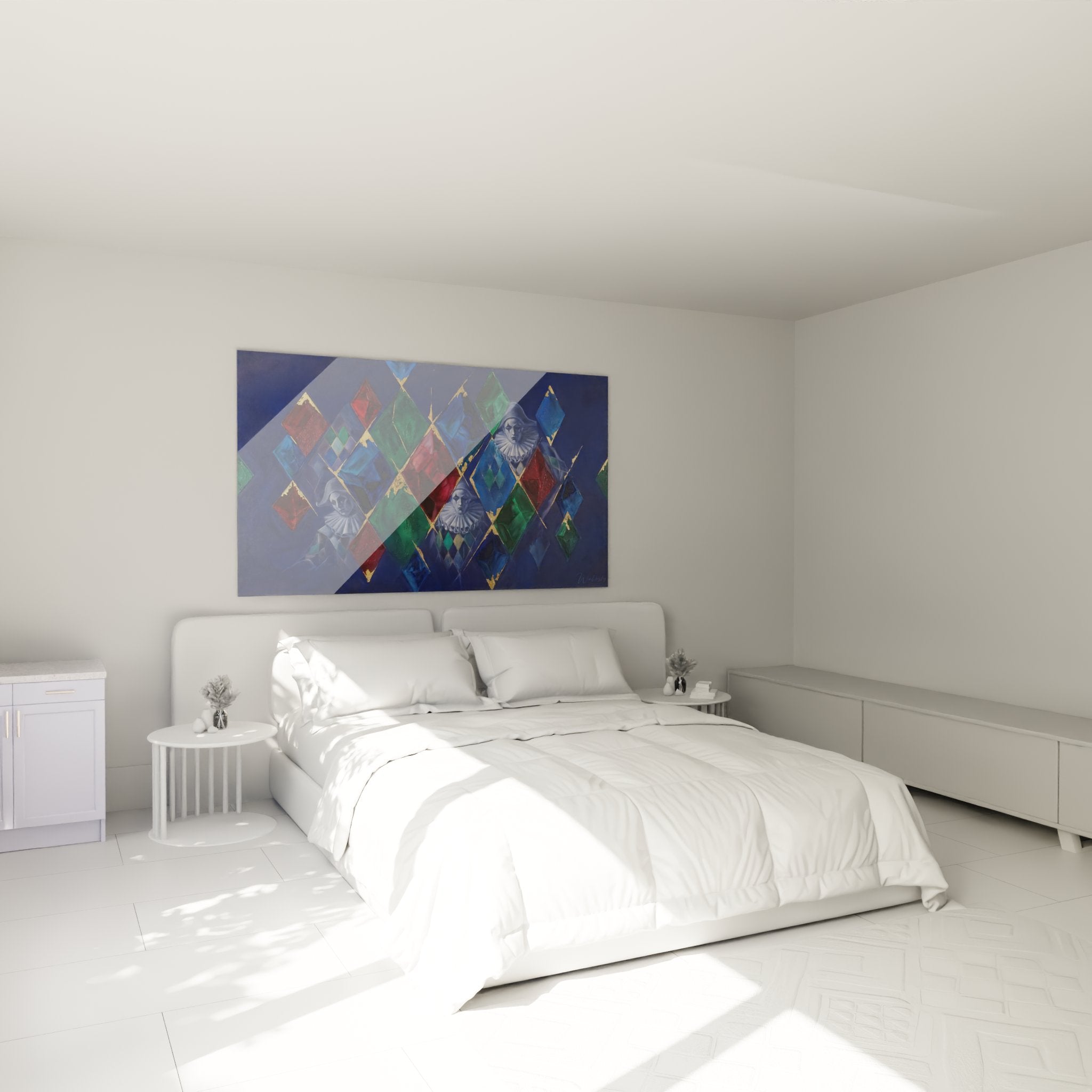 Decoration murale arlequin contemporain dans chambre moderne avec motifs geometriques losanges multicolores