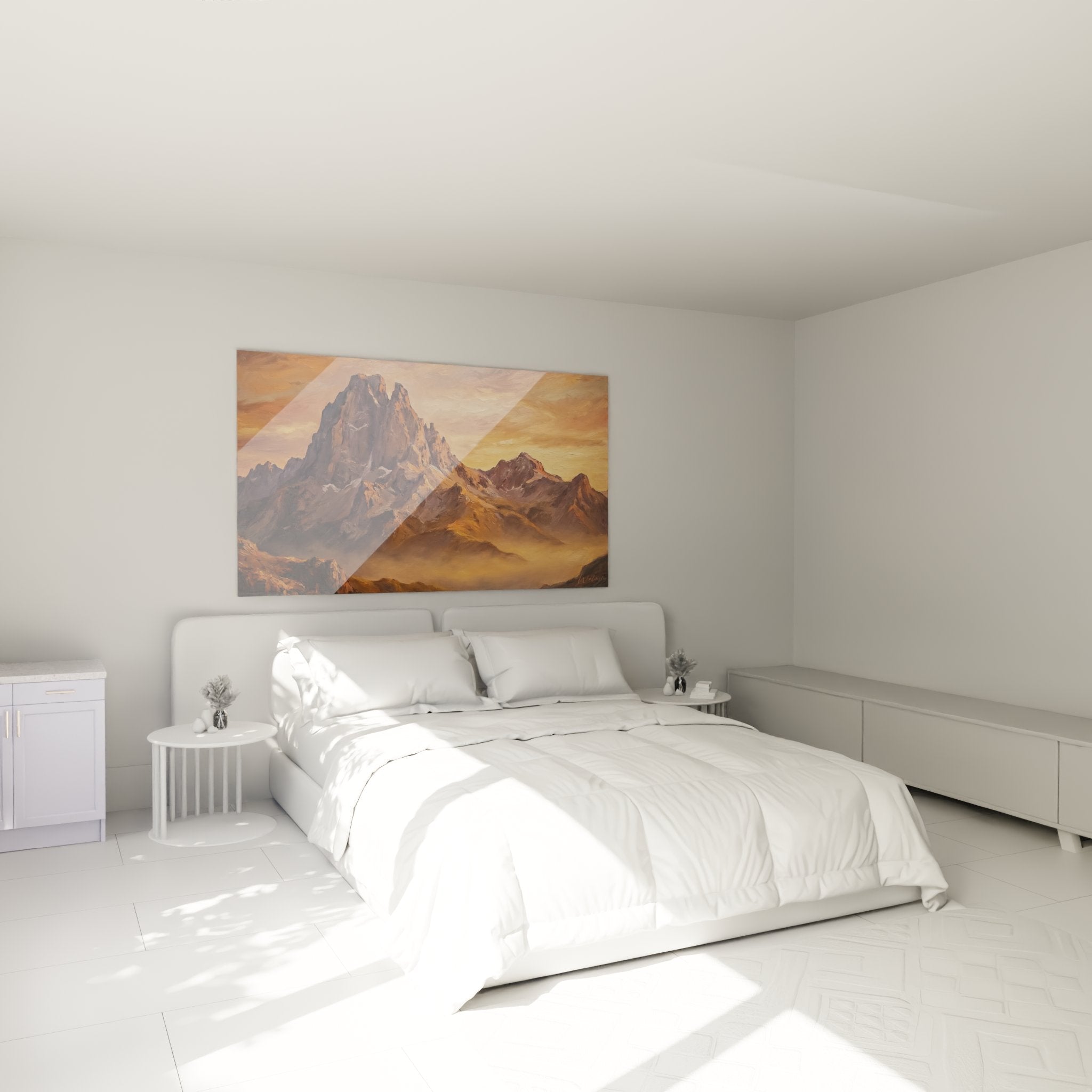 Décoration murale chambre avec tableau montagne Pyrénées aux tons chauds et dorés