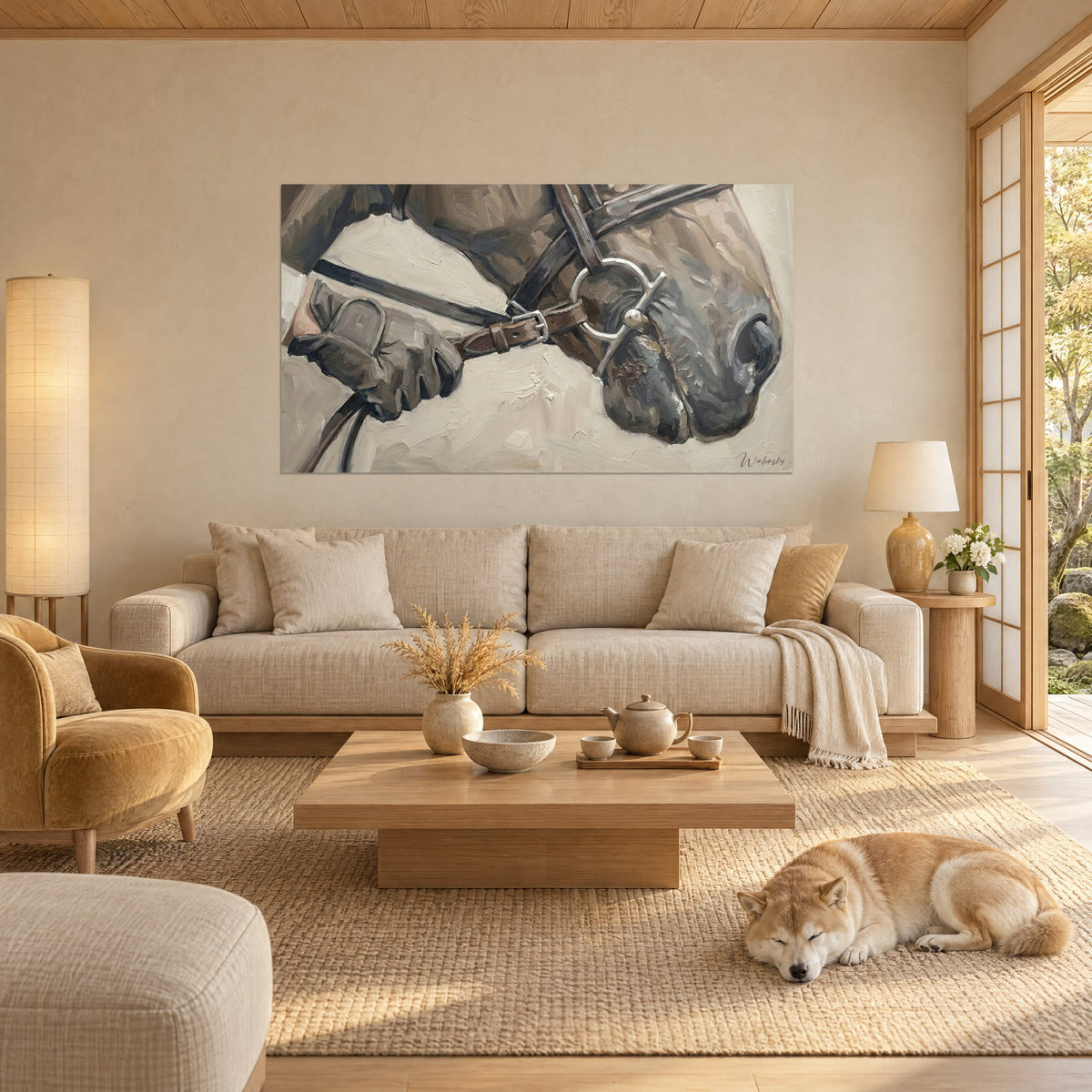 Gemälde Pferdenüster in Grau und braunes Lederhalfter, silbernes Gebiss, ein rotbrauner Shiba schläft, über einem Sofa in einem hellen Wohnzimmer