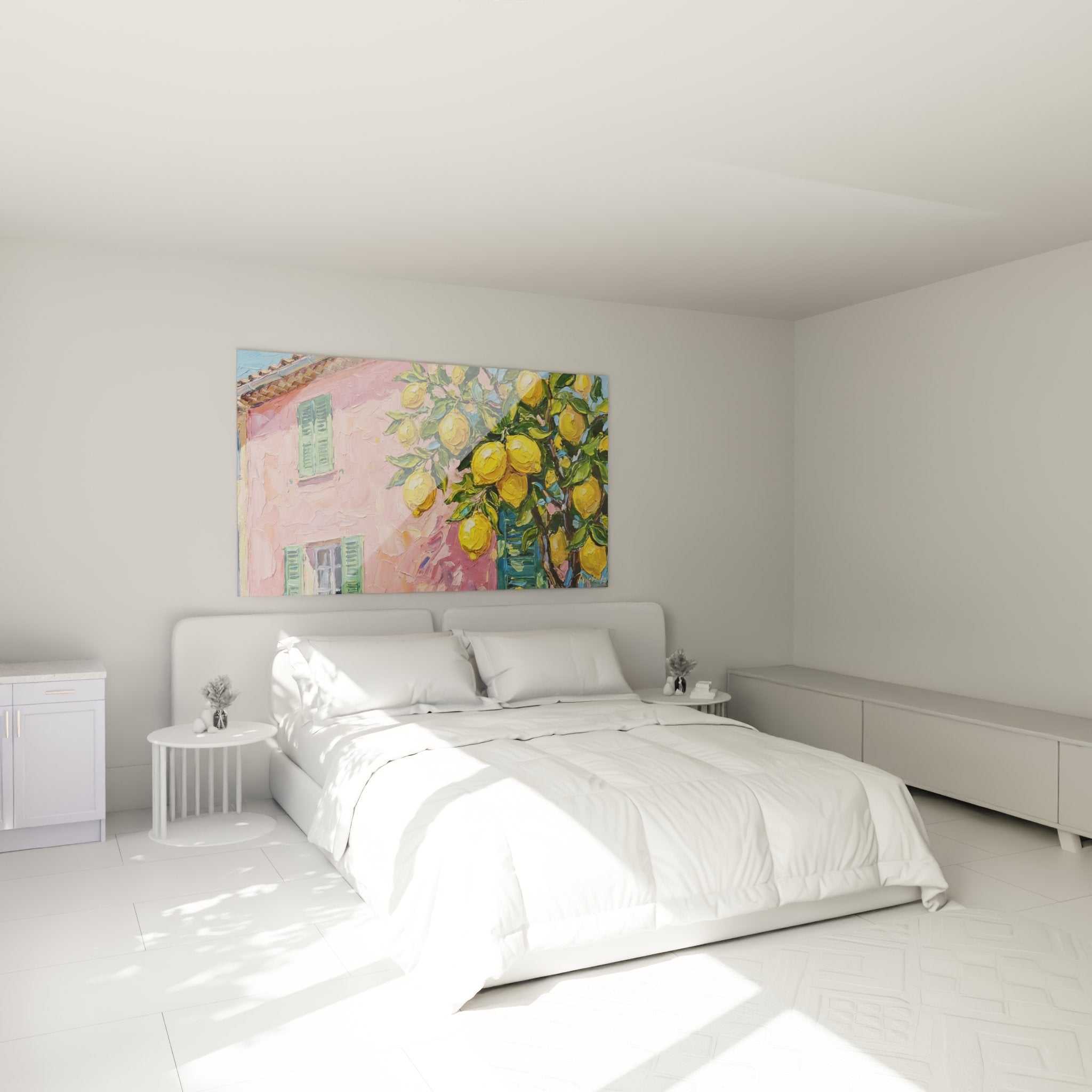 Decoration chambre tableau maison mediterraneenne rose citronniers ambiance provencale art mural Cote d'Azur