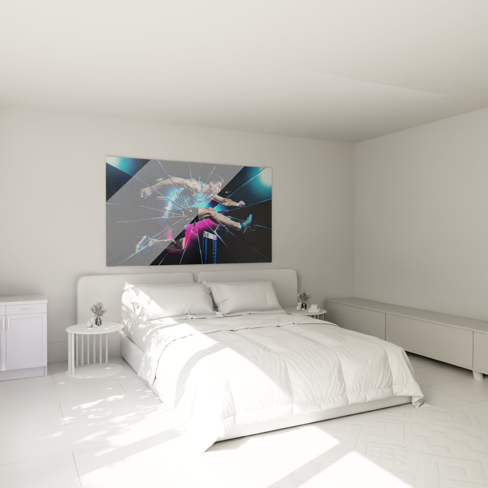Décoration murale sportive dans chambre moderne avec tableau athlétisme aux couleurs vives