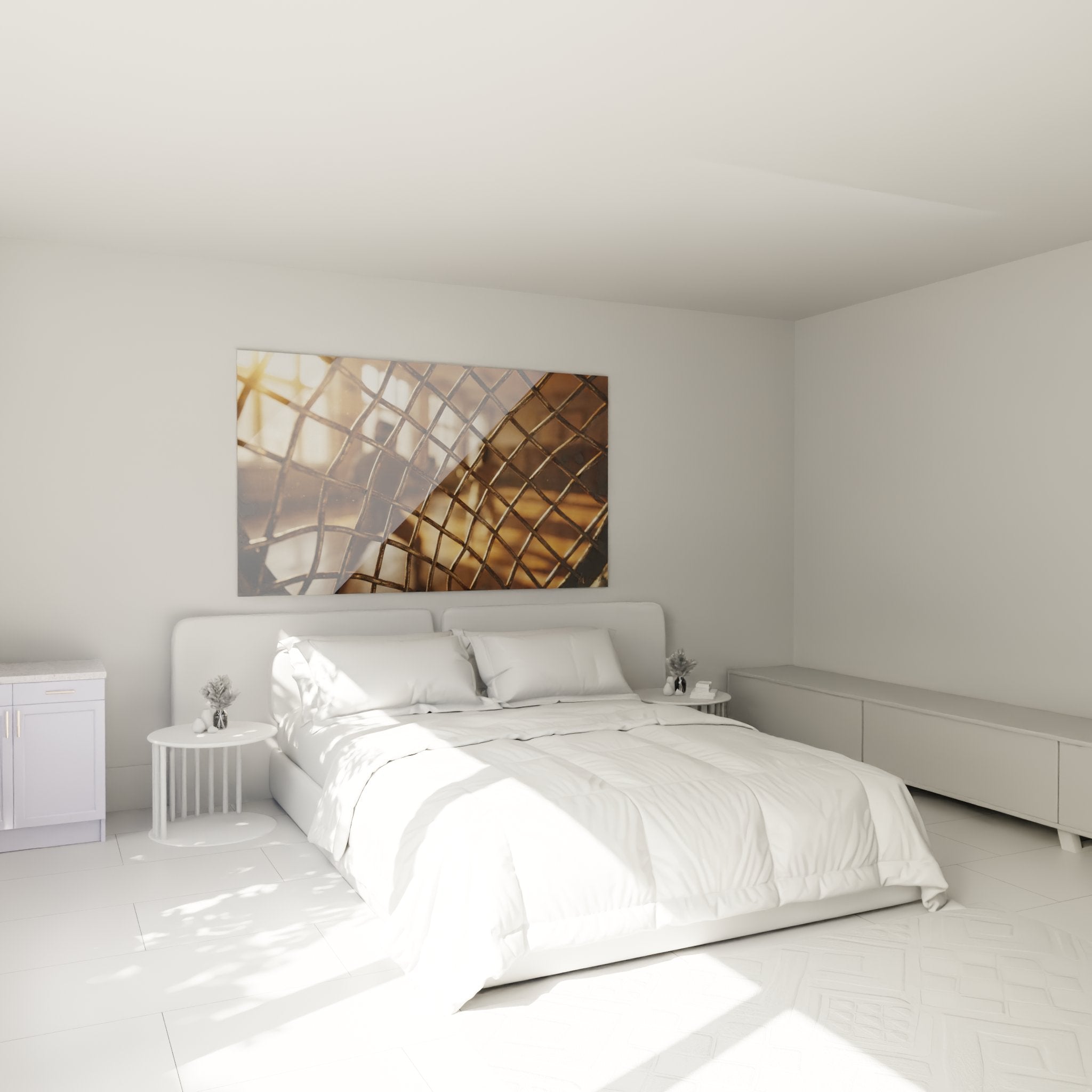 Grille dorée abstraite dans chambre moderne avec éclairage tamisé et décoration contemporaine