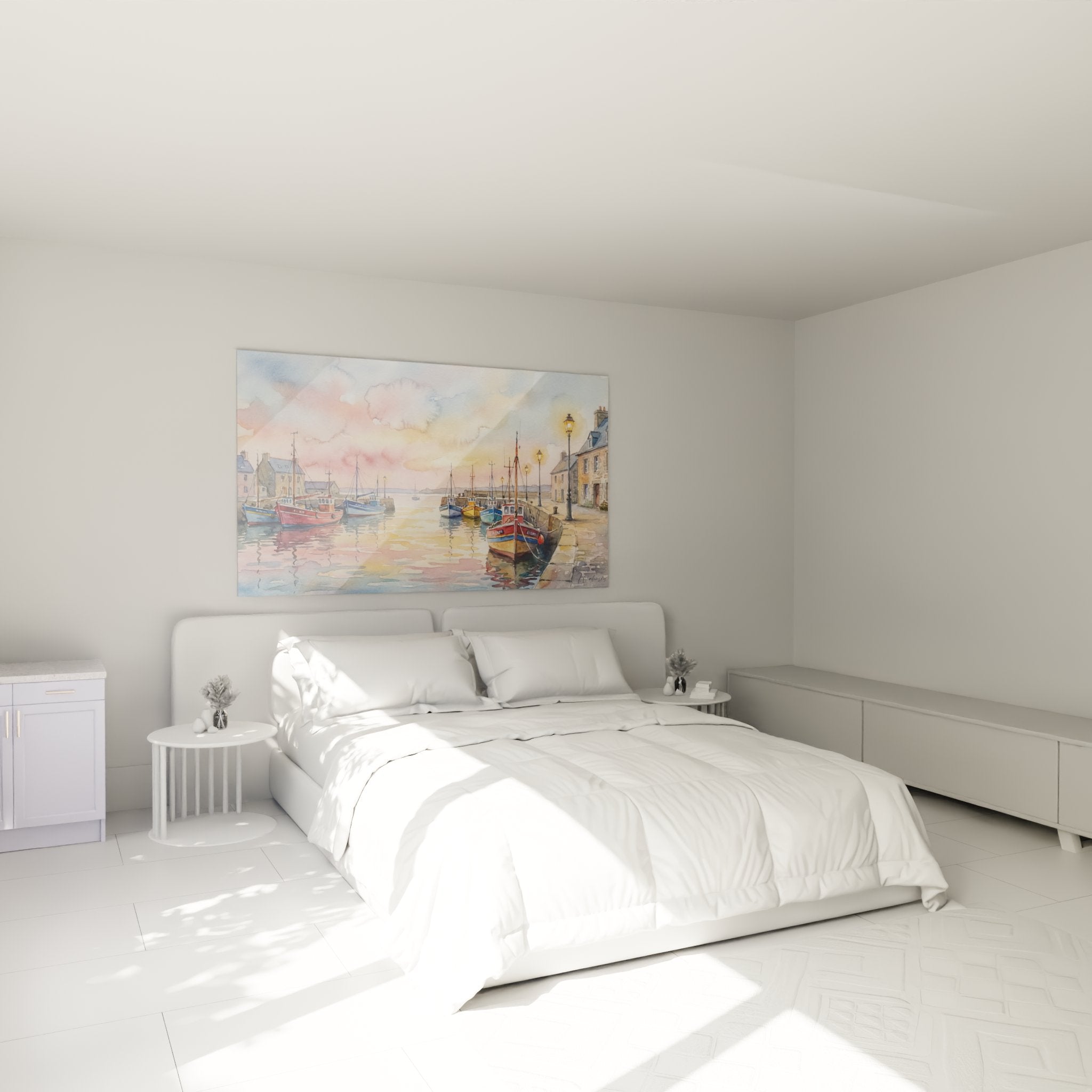 Tableau aquarelle port breton dans chambre moderne, ambiance maritime chaleureuse avec coucher de soleil