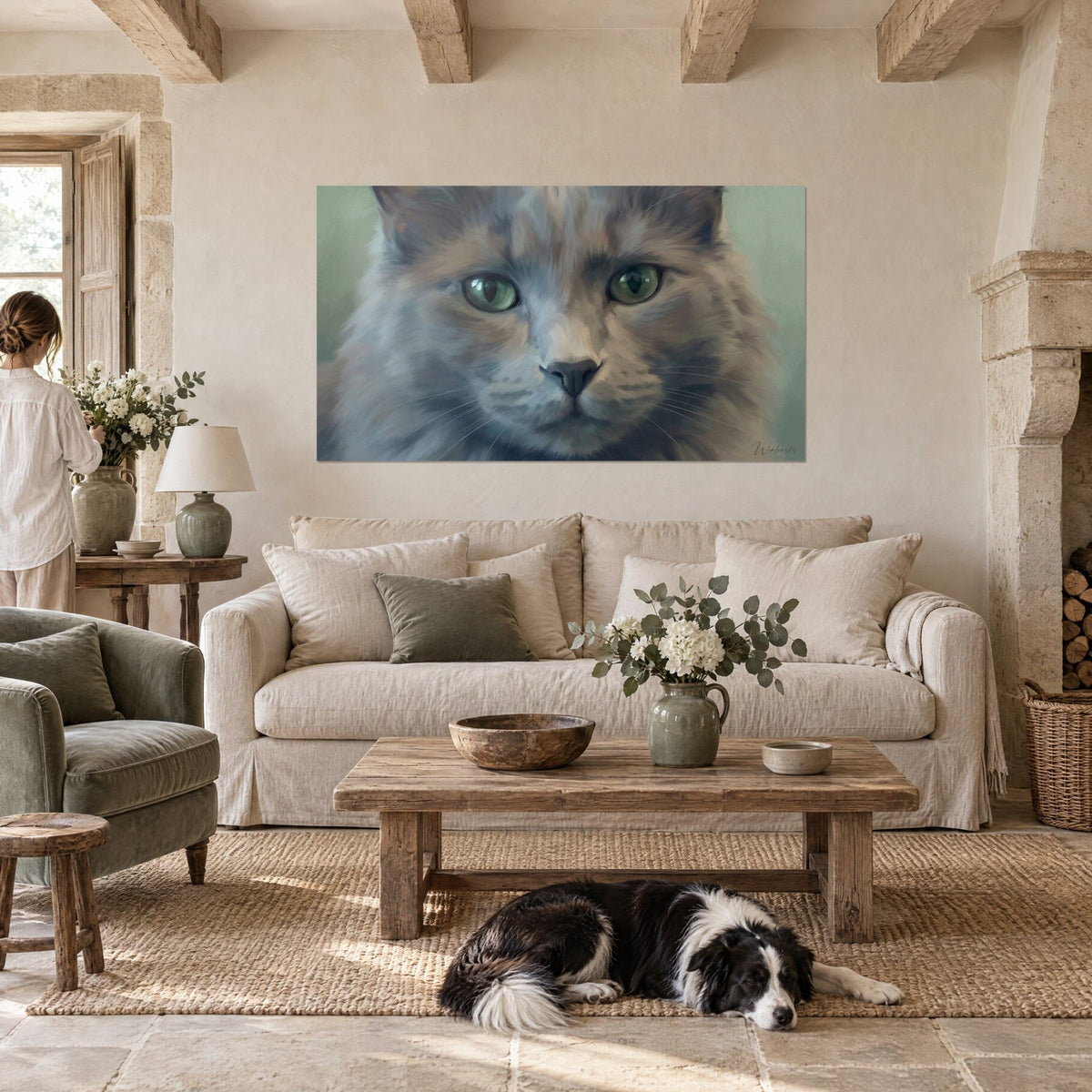 Wall art Nebelung cat with blue-grey coat and green eyes, collie lying beneath, above a sofa in a bright living room