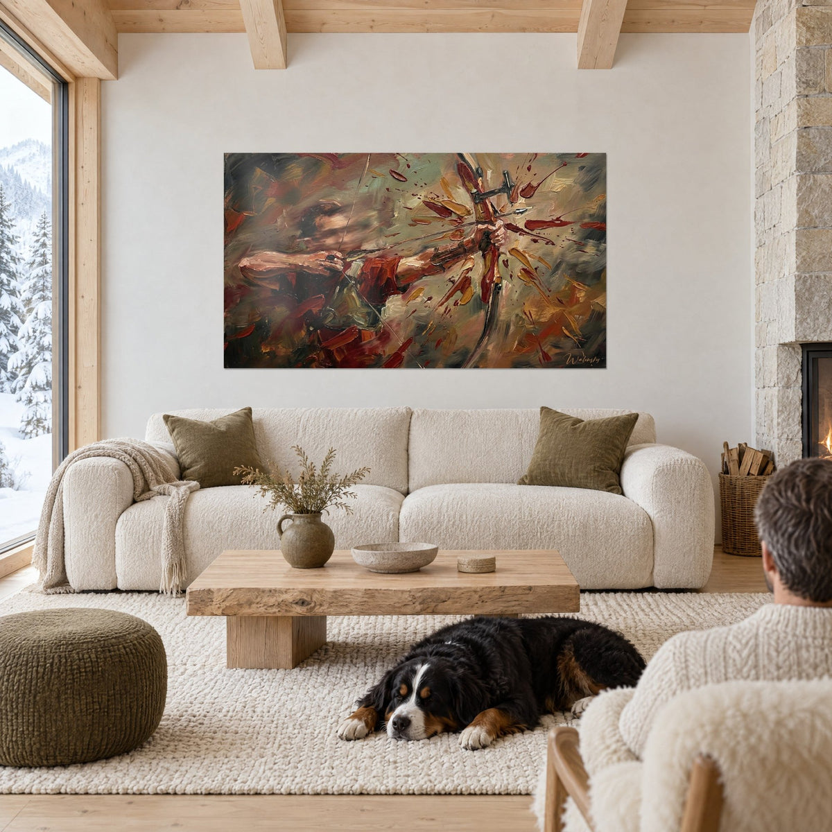 Tableau archer bandant son arc, éclaboussures rouge sang et ocre, un chien couché, au-dessus d'un canapé dans un salon lumineux
