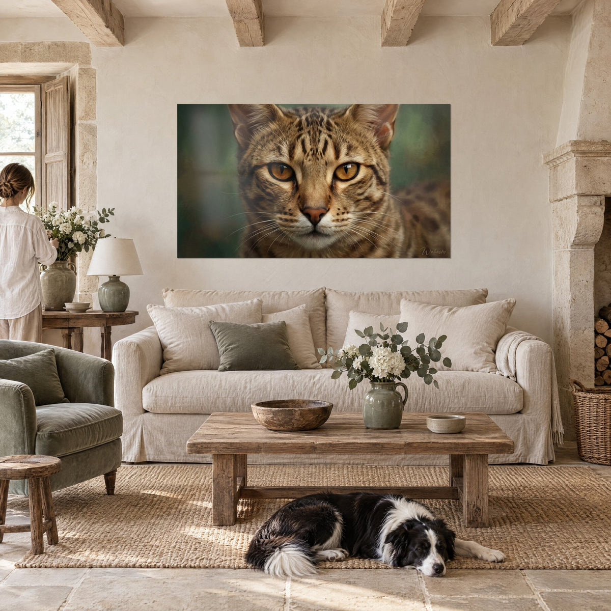 Tableau chat Ocicat aux yeux ambrés et pelage moucheté brun et crème, fond vert flou, au-dessus d'un canapé dans un salon lumineux