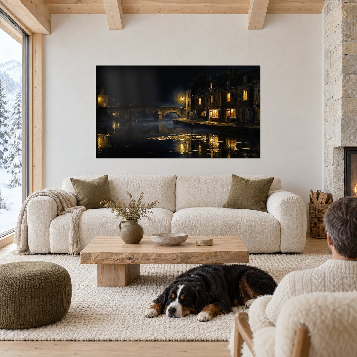 Wall art Breton village at night, amber half-timbered facades and black sky, a dog sleeping on a sofa in a bright living room