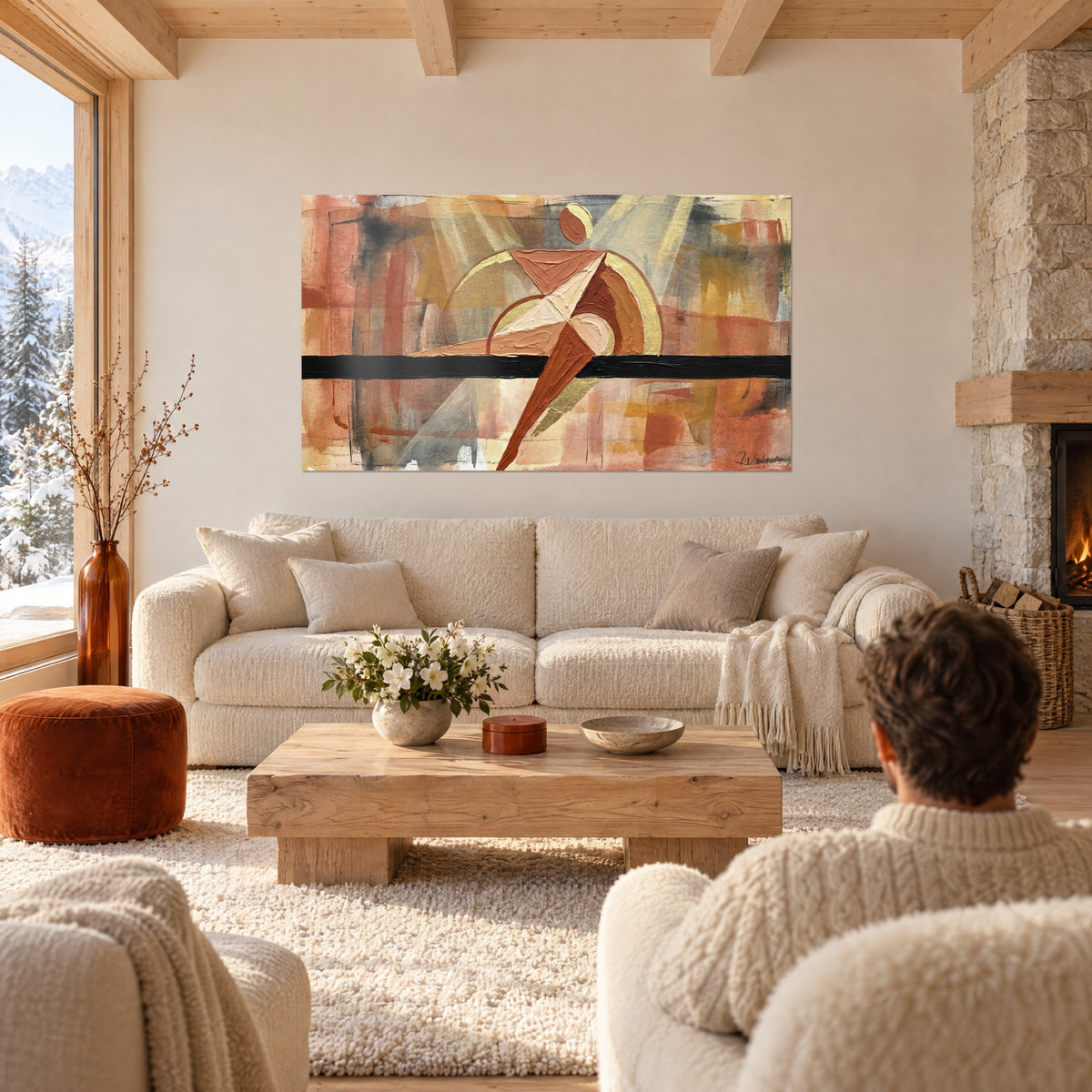Tableau gymnaste en équilibre sur une barre noire, triangles terracotta et or, au-dessus d'un canapé dans un salon lumineux