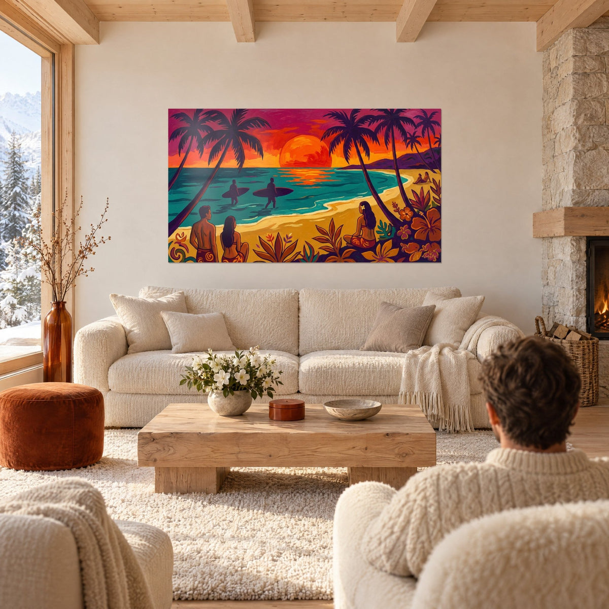 Wall art tropical beach at orange sunset, purple palm trees and golden sand, above a sofa in a bright living room