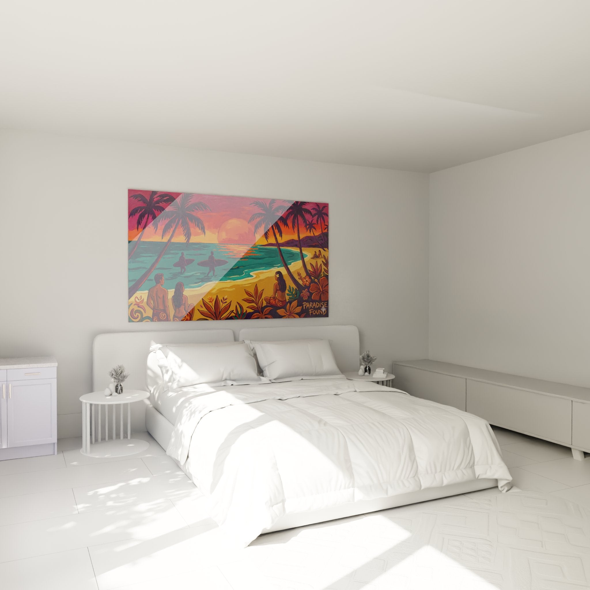 Tableau tropical surf dans chambre moderne avec coucher soleil orange et palmiers ambiance relaxante