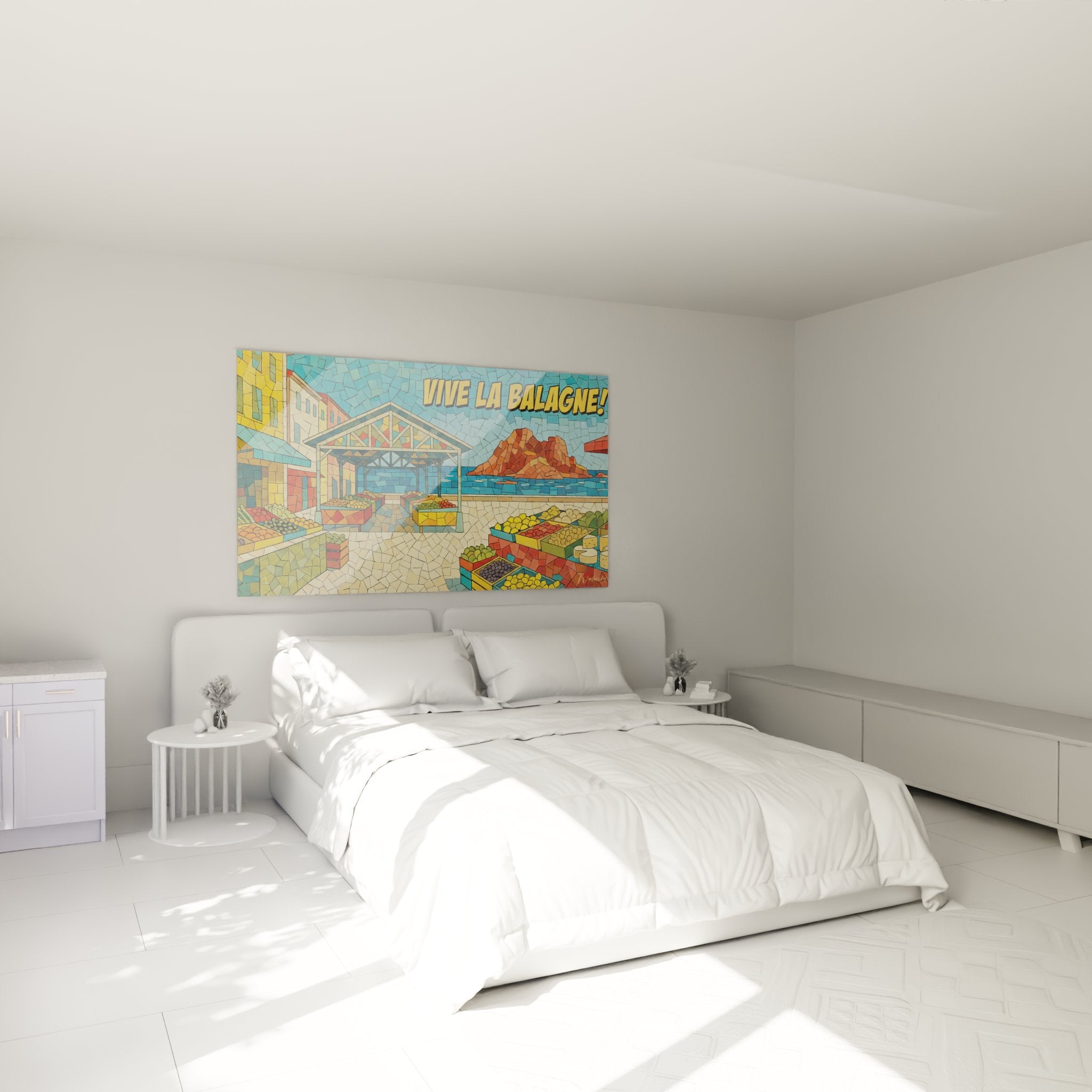 Tableau marché Balagne style mosaïque décorant une chambre aux tons méditerranéens chaleureux