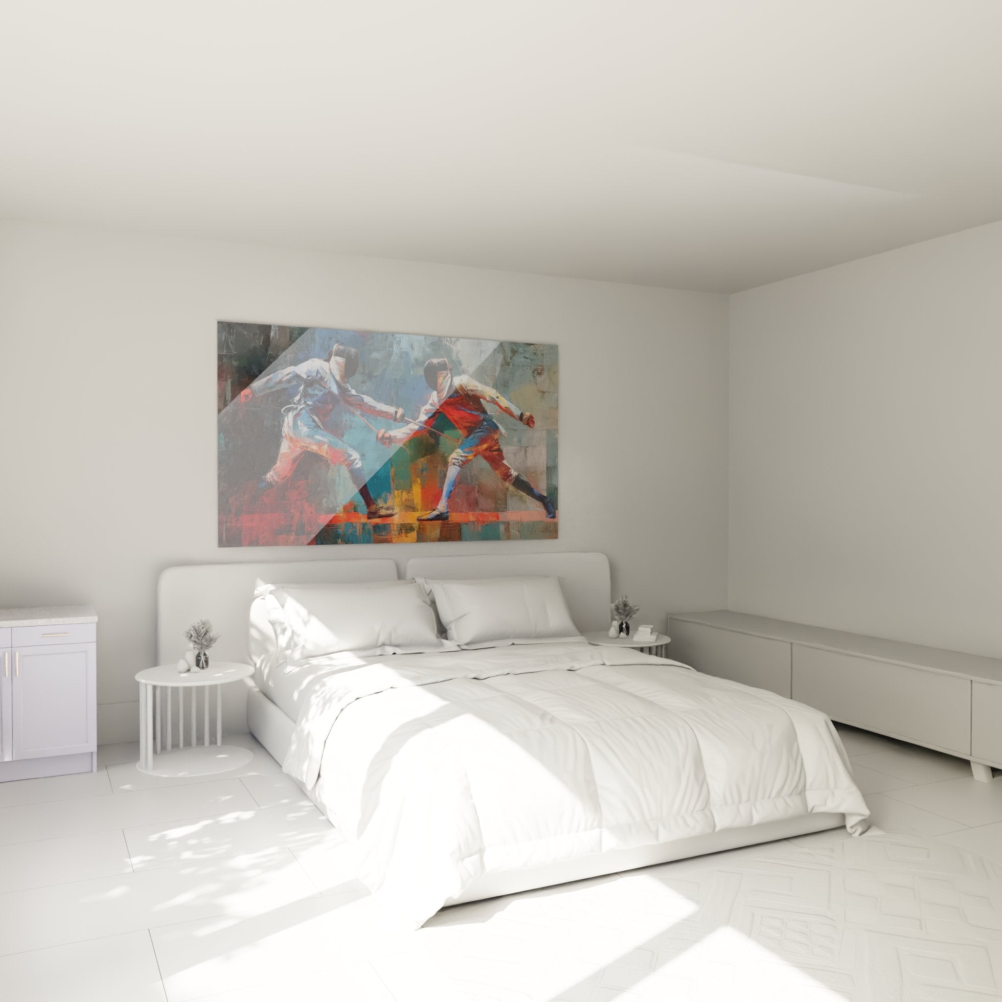 Decoration murale escrime dans chambre moderne, tableau assaut d'epee aux couleurs vibrantes