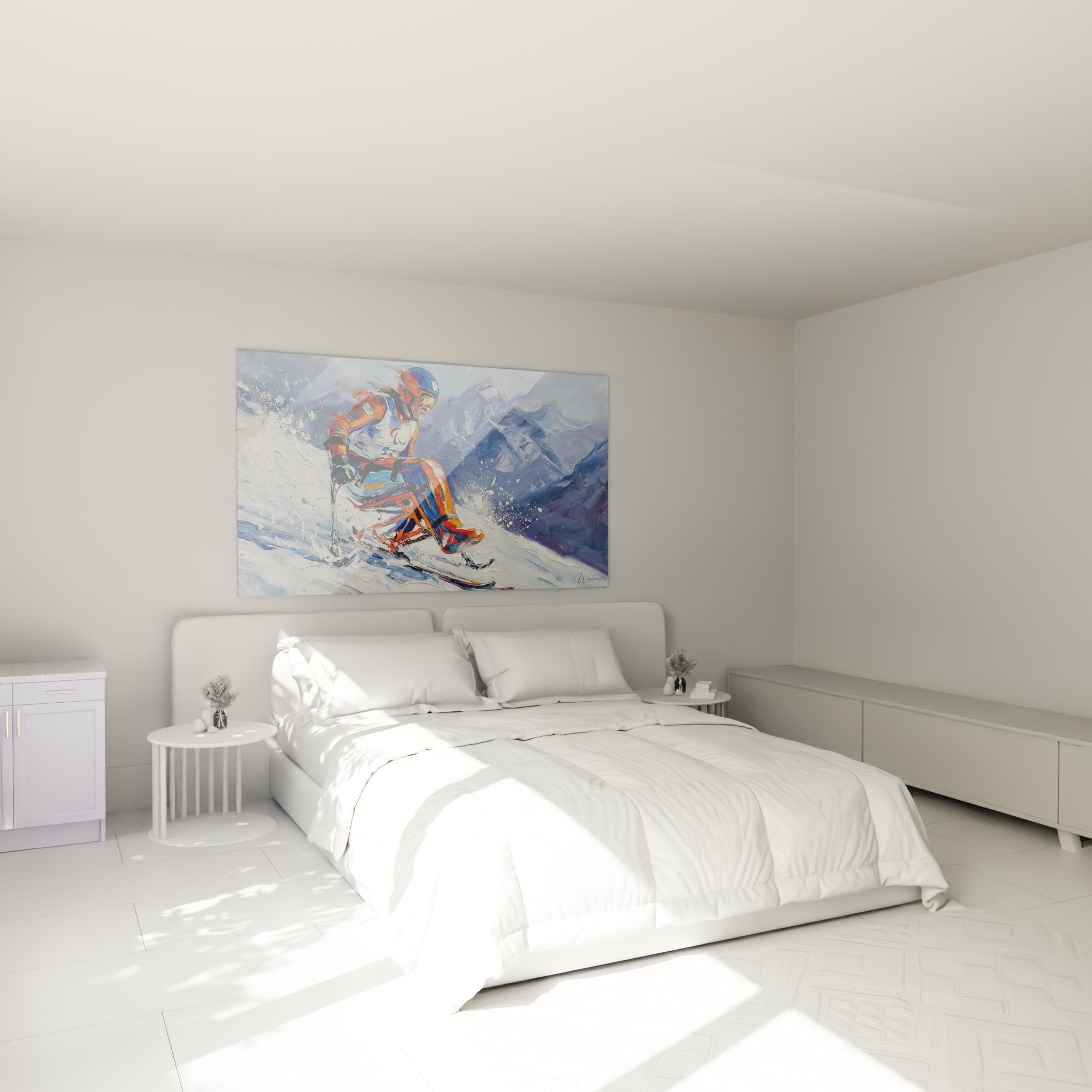 Decoration murale ski paralympique dans chambre moderne celebrant le sport handisport et les performances alpines