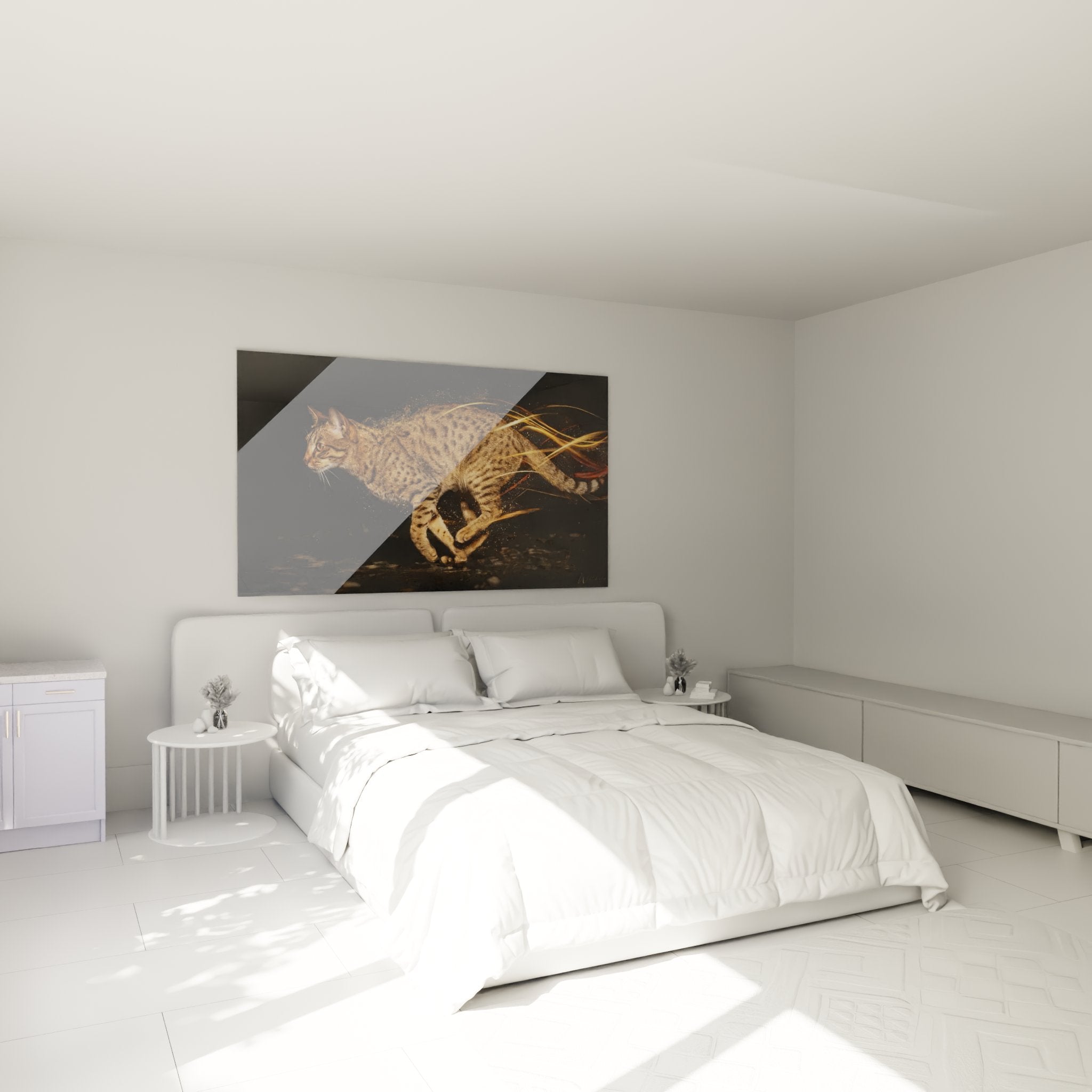 Tableau chat Ocicat doré installé dans chambre moderne avec décoration contemporaine