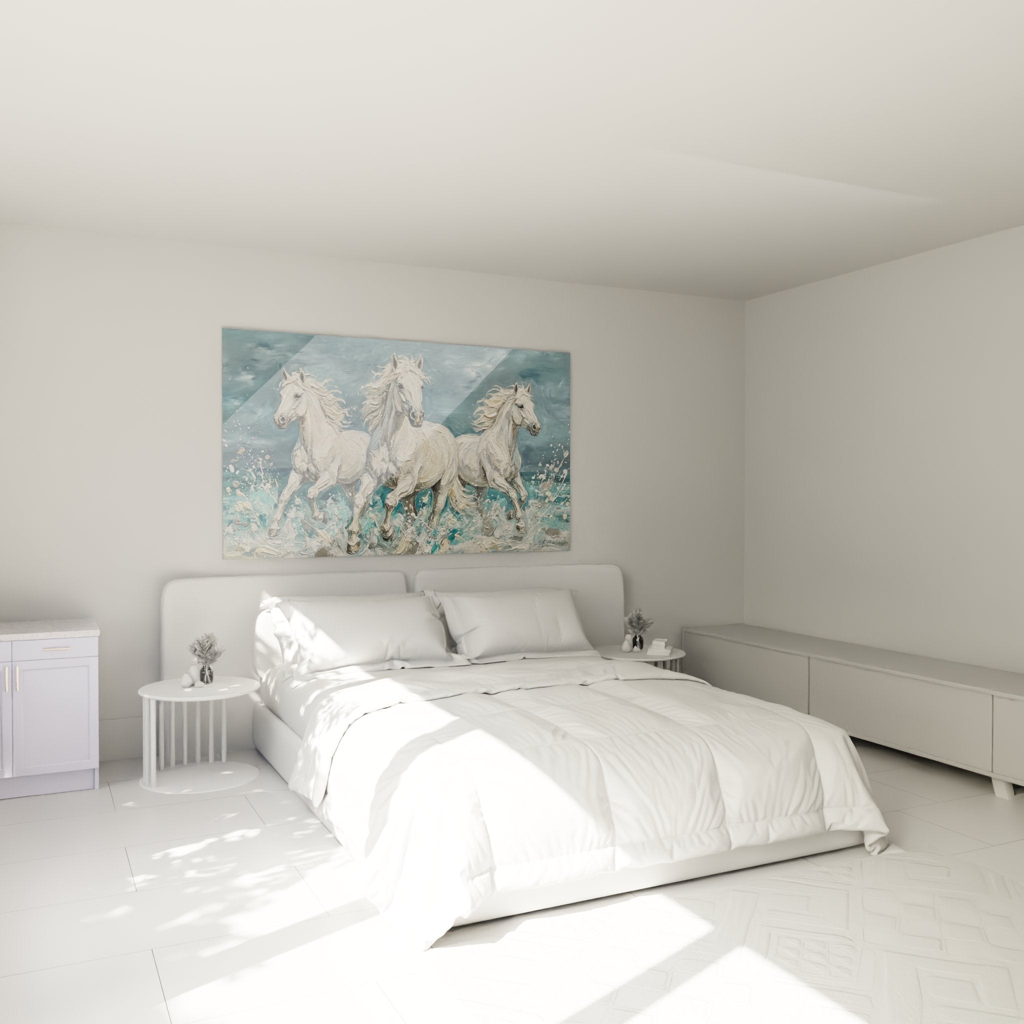 Tableau chevaux blancs décorant une chambre moderne - Ambiance artistique Edition Camargue