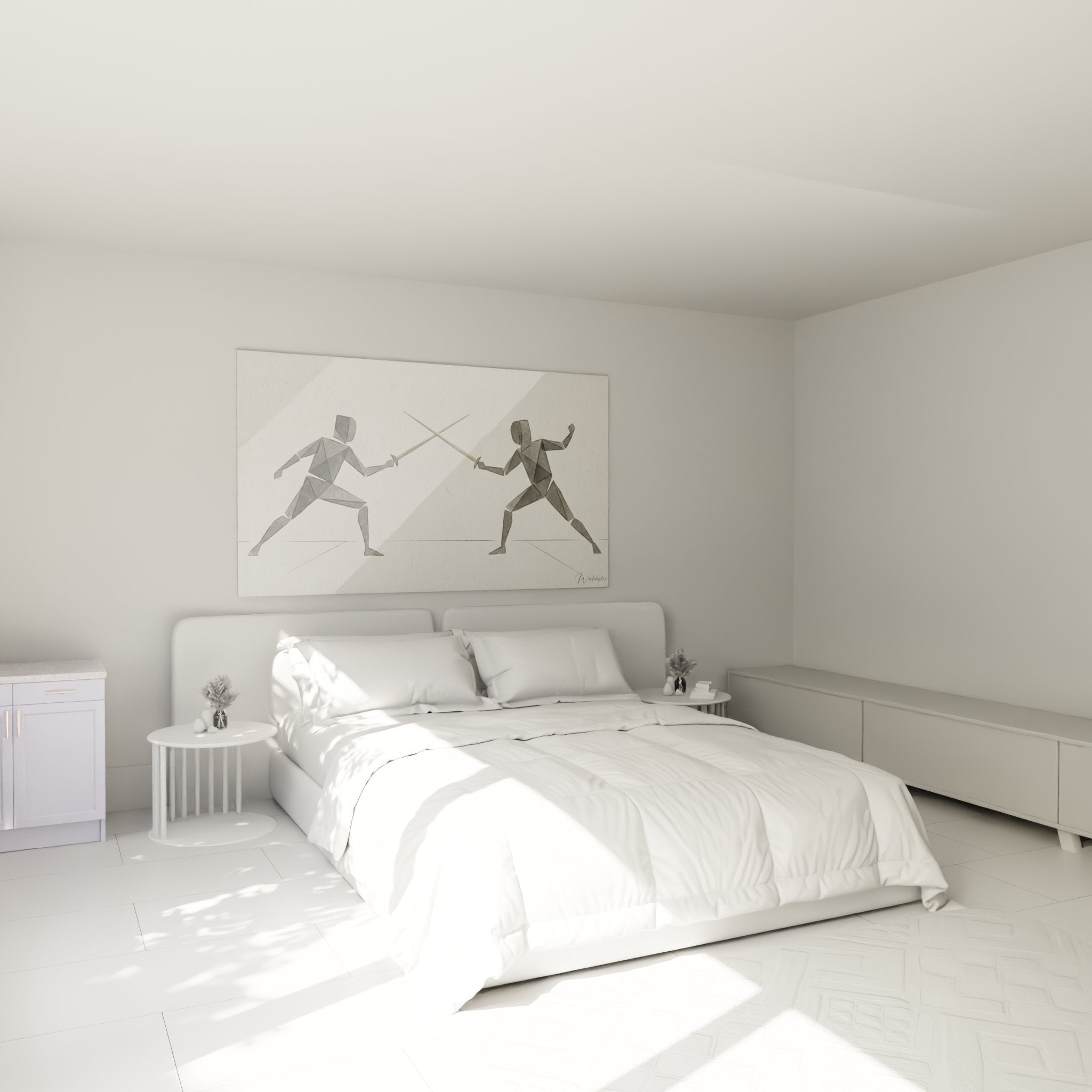 Décoration murale escrime géométrique dans chambre moderne avec escrimeurs stylisés en facettes grises