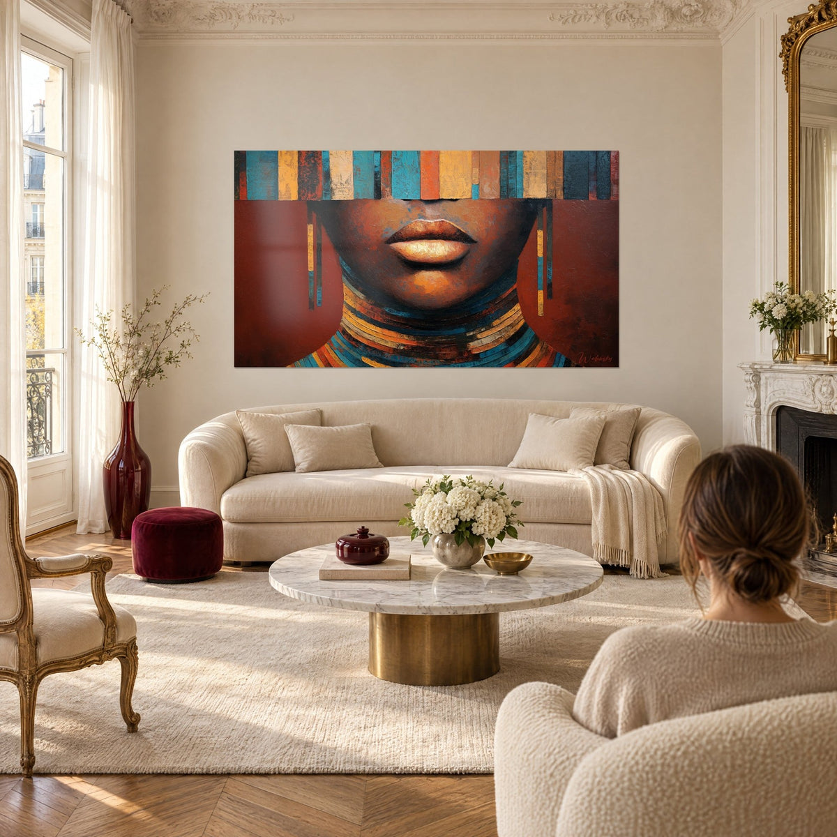 Tableau visage africain aux lèvres cuivrées, bandeau de bandes turquoise et ocre, au-dessus d'un canapé dans un salon lumineux