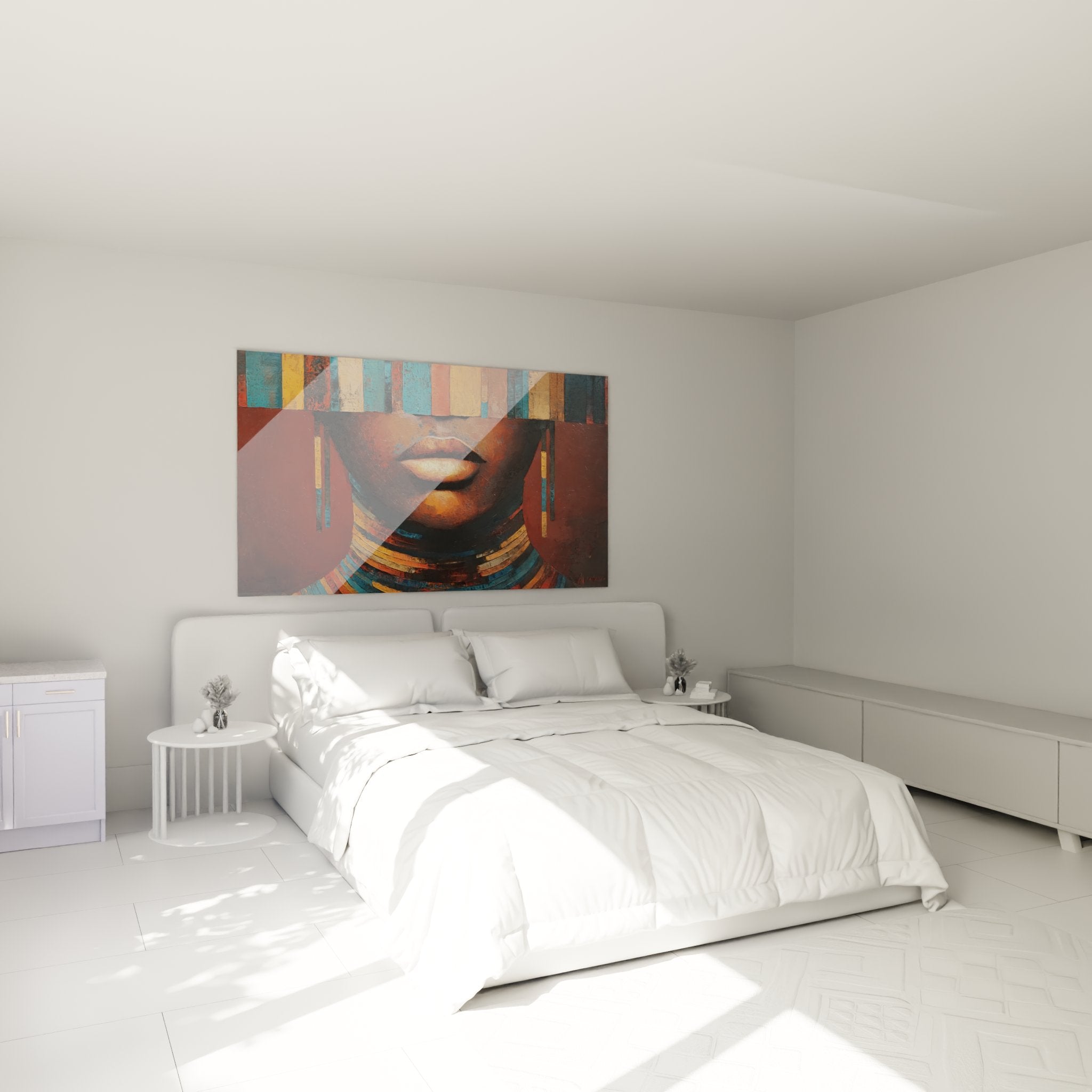 Decorazione camera da letto con quadro volto africano contemporaneo in tonalità calde e motivi geometrici tradizionali